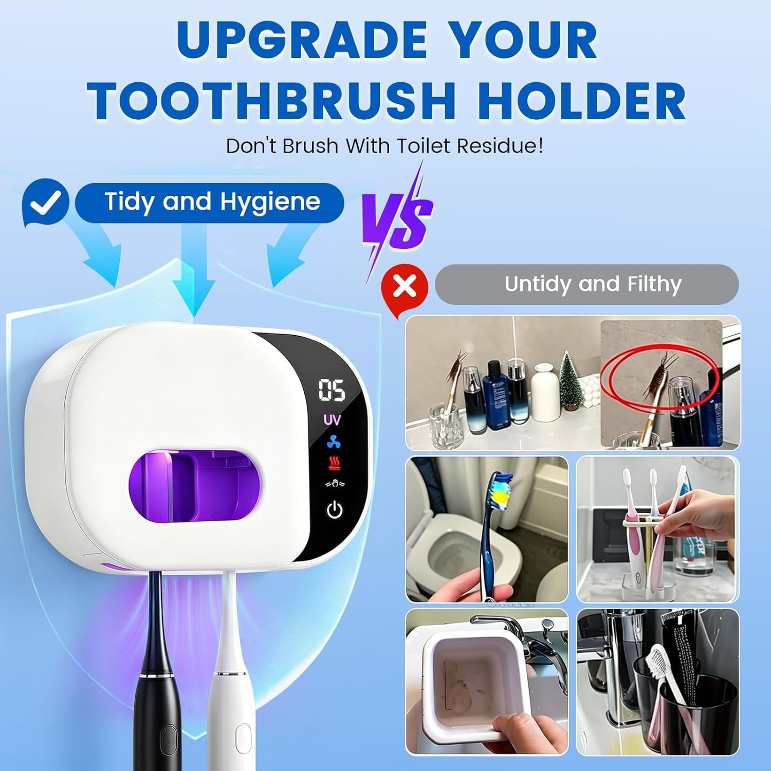 Maxspace Disinfettante UV per spazzolino da denti, portaspazzolino elettrico da parete con asciugatura, portaspazzolino senza foratura, con 2 fessure (bianco-quadrato, standard)