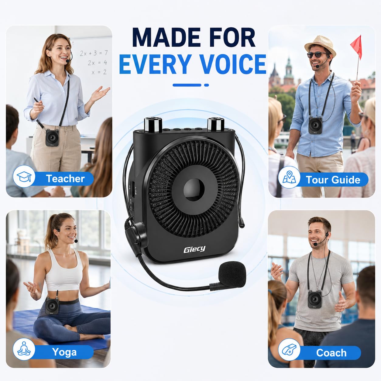 Amplificateur de Voix Portable avec Microphone, Batterie Rechargeable 2800mAh,système de sonorisation pour Enseignants, Guides touristiques, entraîneurs, instructeurs de Yoga