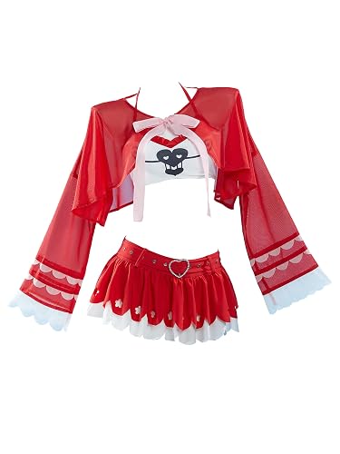 haikyuu Women Anime Two Piece Swimsuit with Chiffon Cover-up Halter Top Skirt Cosplay Bathing Suit - Standard - X-Large - Red