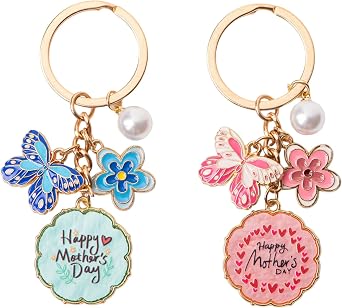 2-Piece Mothers Day Keychain Gift Set - Butterfly & Flower Charms - Happy Mothers Day Keychain from Daughter or Son