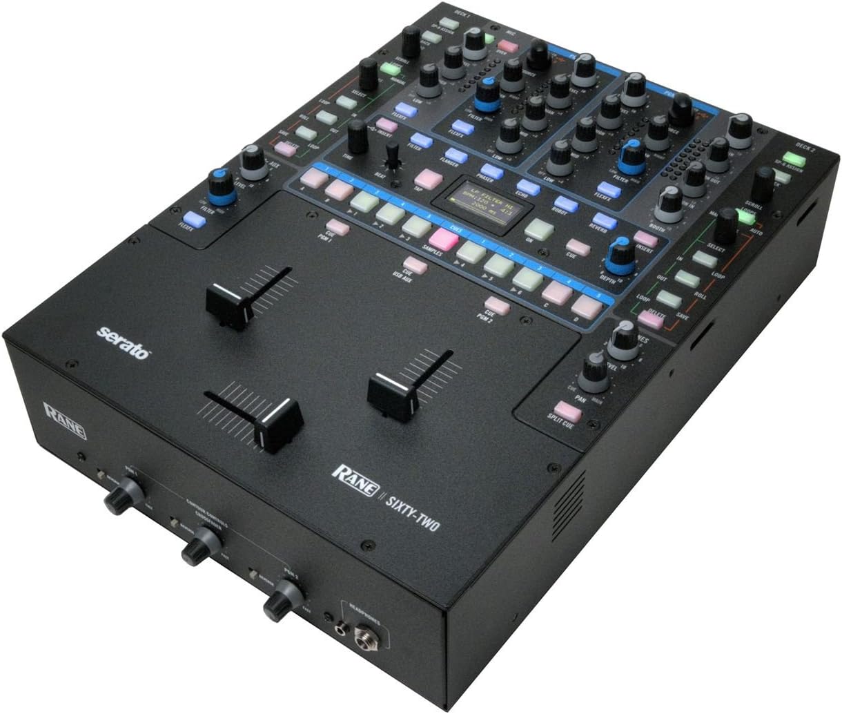 Shora dolů view of the Rane Sixty-Two DJ Mixer, showing all controls and faders
