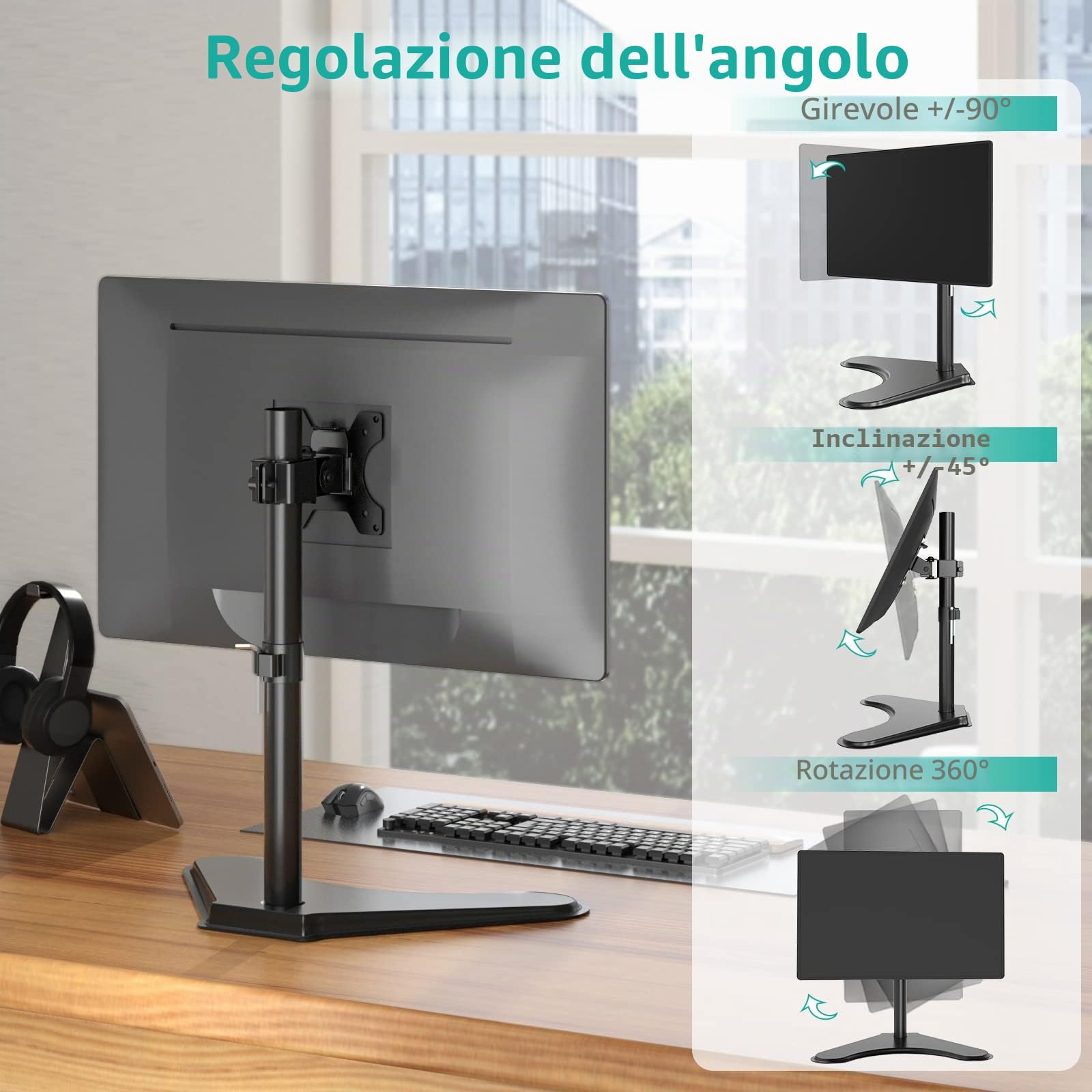 WALI Supporto per monitor a 1 monitor, regolabile in altezza, supporto per monitor con VESA da 75 a 100, completamente regolabile fino a 32 pollici (MF001), nero