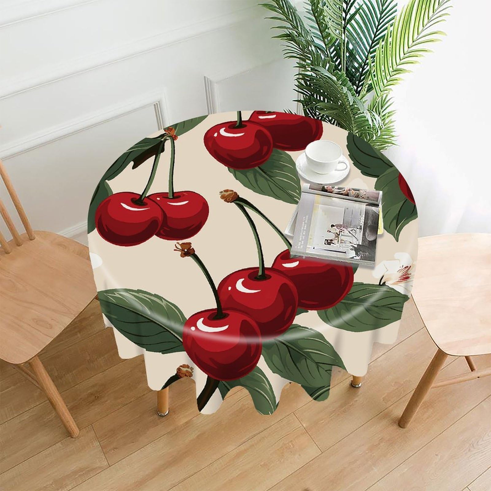 VstaDank Red Cherry Pattern Tablecloth Easy to Clean Polyester Round Table Cover Washable Round Table Cloth Wrinkle-Free Circle Decoration Tablecloth for Kitchen Dining Room 60"