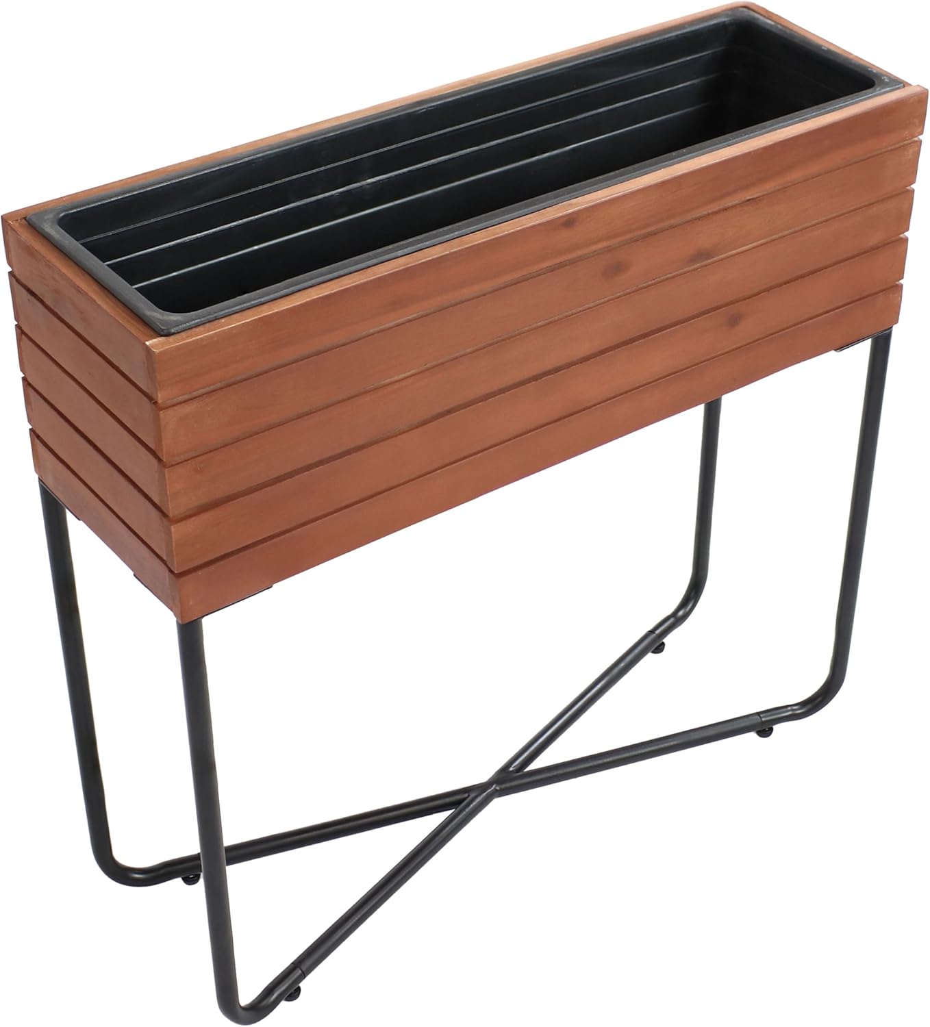 Sunnydaze Slatted Acacia Wood Raised Garden Bed with Legs - Oil-Stained Finish - Powder-Coated Steel Frame - Removable Insert - 23.5-Inch H