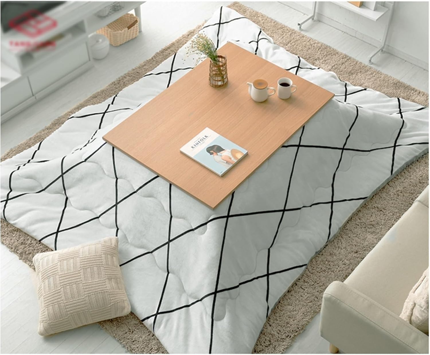 Low Table Set - Solid Wood Kotatsu with Heater, Quilt, and Floor Pad - Ideal for Living Room and Bedroom Heating