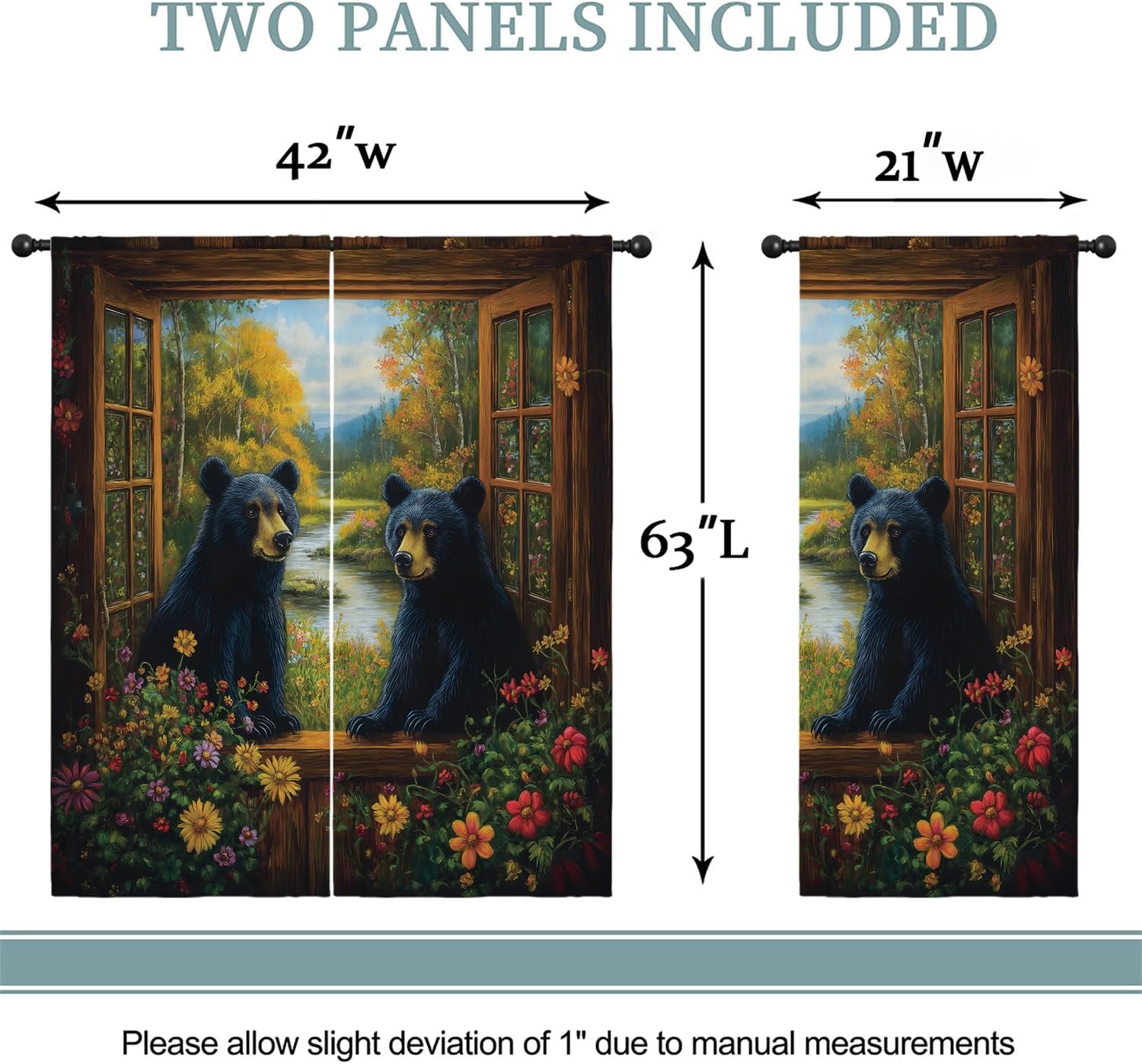Black Bear Boy Girls Blackout Curtains,Cute Rustic Farm Wildlife Country Farmhouse Jungle Floral, 2 Panel Rod Pocket Thermal Insulated Drapes for Bedroom, Living, Kids Teen Room Deco 42x63 inch