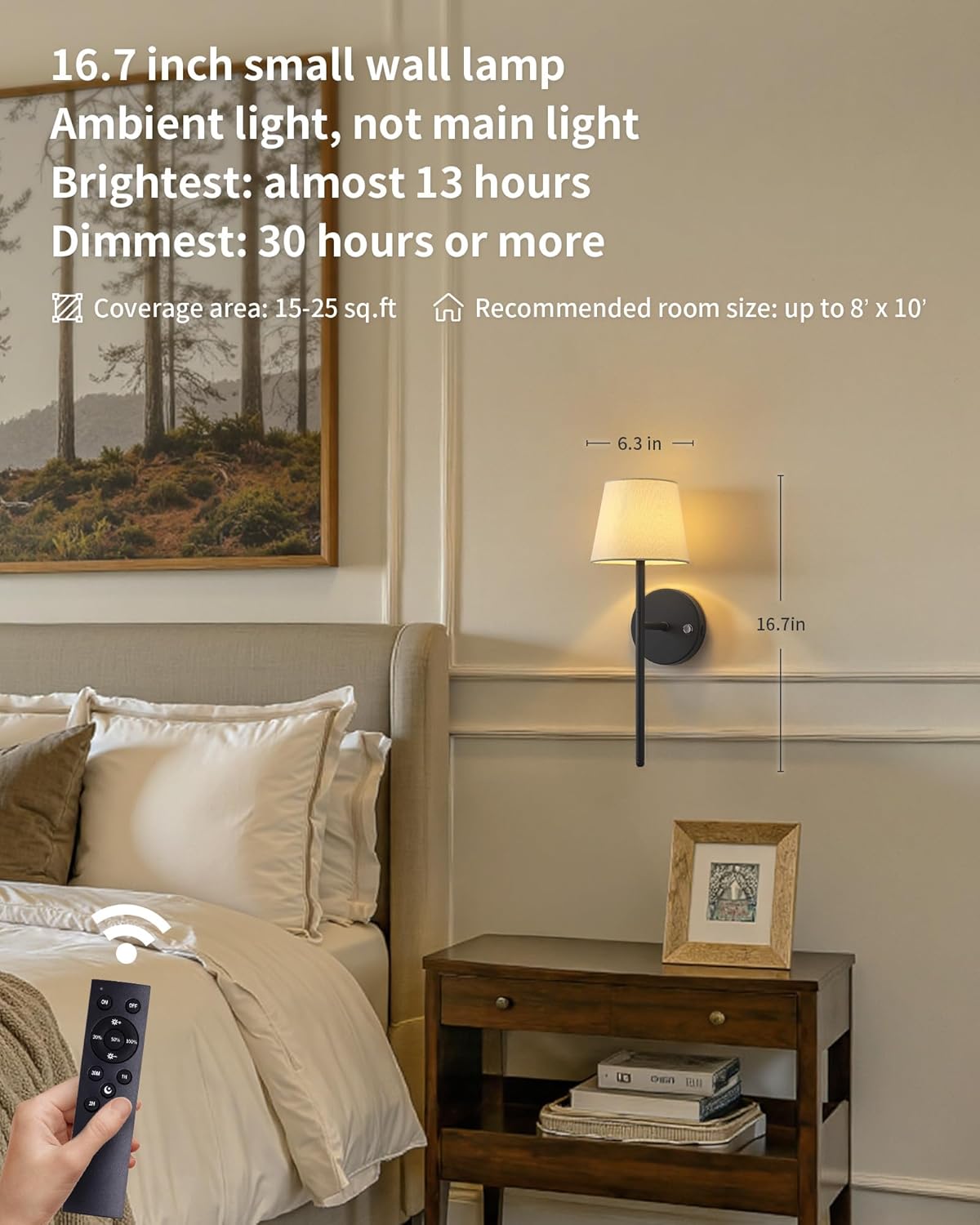 Battery Operated Wall Sconce Set of 2, Small LED Rechargeable Wall Lights with Remote, 5200mAh Dimmable Fabric Shade Cordless Wall Lamp for Bedside, Bedroom, Hallway, Living Room, Gifts (Black)