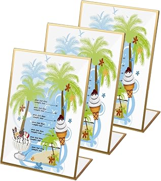 3 Pack Slant Back Acrylic Sign Holder with Gold Border, 5 x 7 Inch L-Shape Table Menu Display Stand, Transparent Poster Menu Holder, Plastic Sign Frame for Office Store Restaurant Wedding Signs