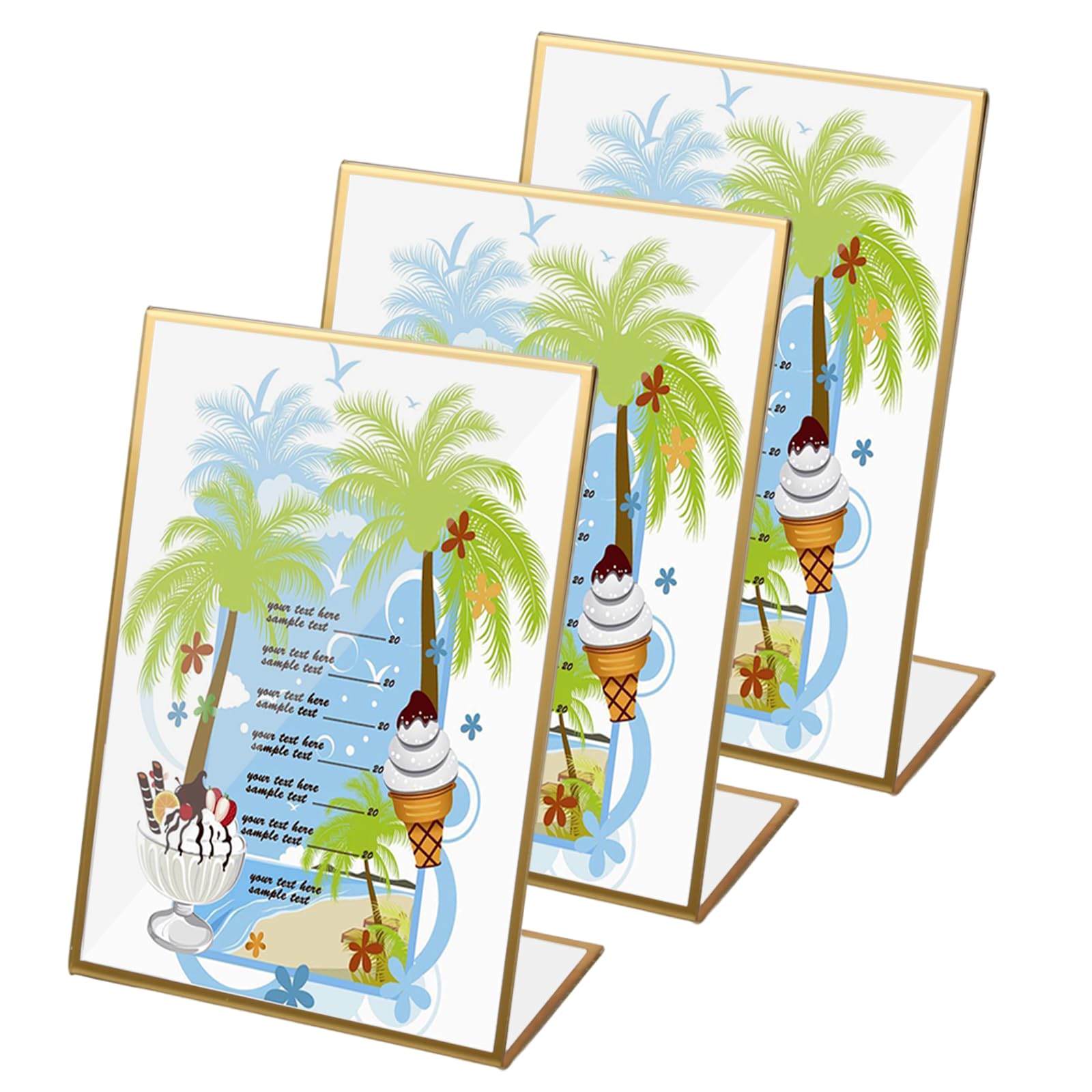 3 Pack Slant Back Acrylic Sign Holder with Gold Border, 5 x 7 Inch L-Shape Table Menu Display Stand