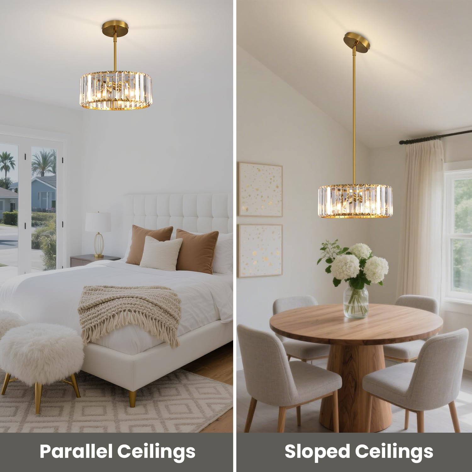 Gold Crystal Chandelier Industrial Pendant Light 11.81 inch Modern Vintage Semi Flush Mount Ceiling Light Fixture for Kitchen Island Living Room Dining Room Bedroom