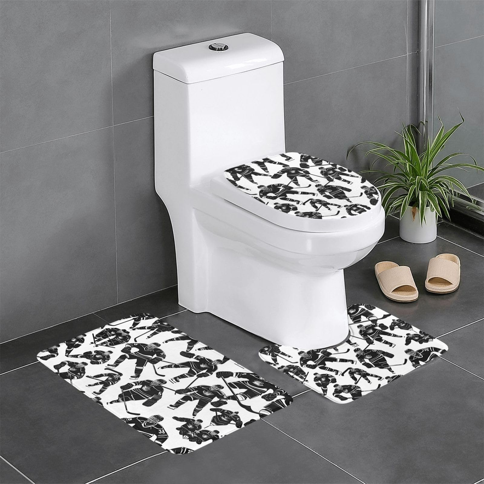 Tapis de bain antidérapants lot de 3 noir motif hockey pour wc et coiffeuse