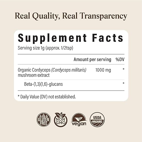 Miniatura 8 de Real Mushroom Cordyceps - Polvo de hongos Cordyceps Energía y rendimiento - Polvo Cordyceps orgánico con beta-glucanos, suplemento vegano, sin OMG,