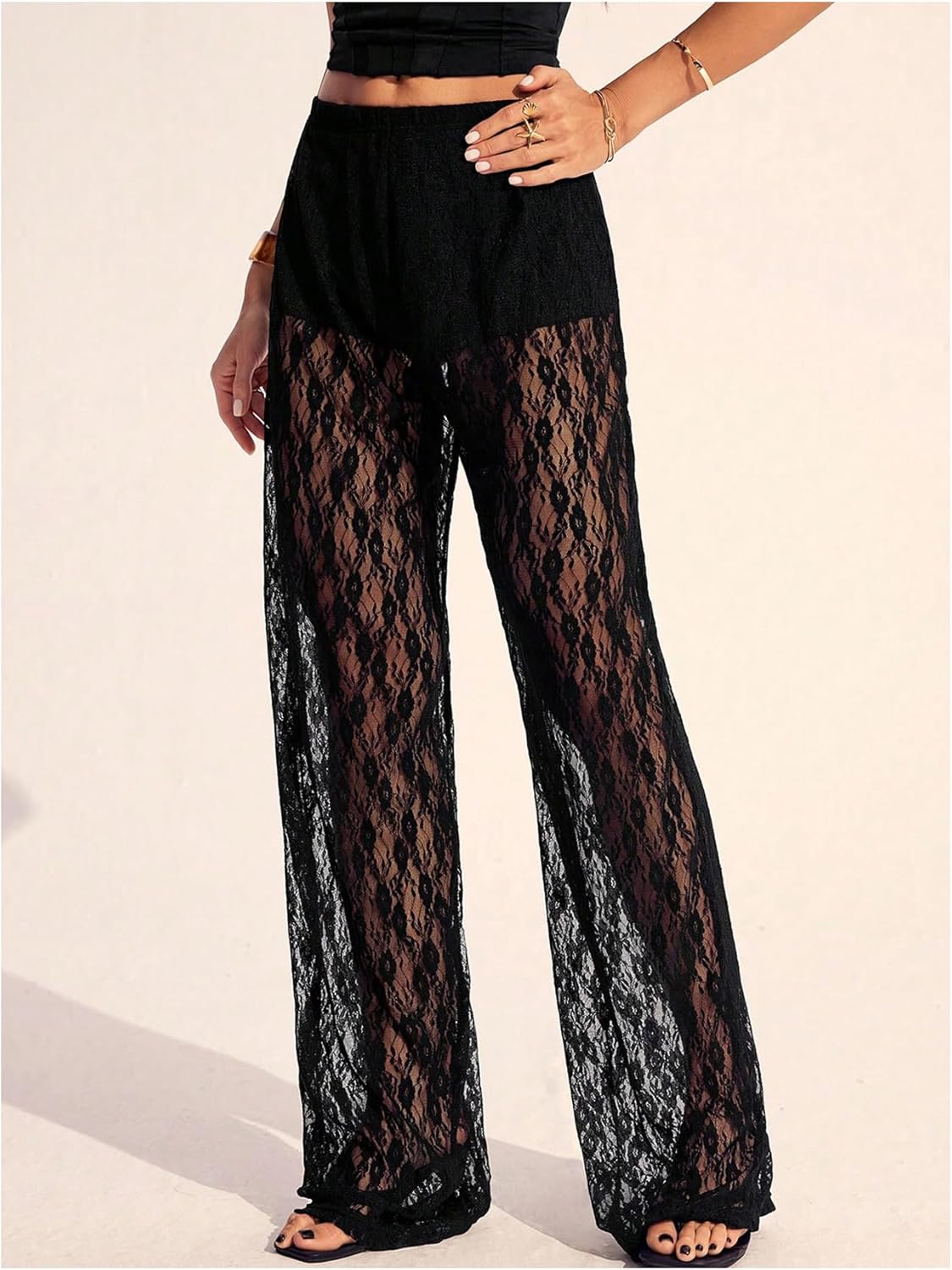 Women's Y2K Floral Lace See Through Pants Sheer Straight Leg Long Pants Club Wear - Image 3