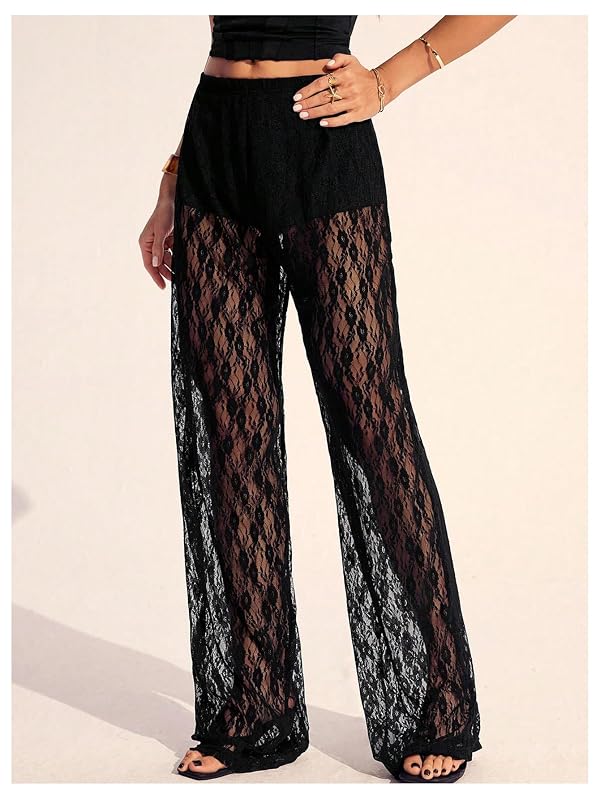 RoseSeek Women's Y2K Floral Lace See Through Pants Sheer Straight Leg Long Pants Club Wear Lace Black Tall-S by RoseSeek - Image 3
