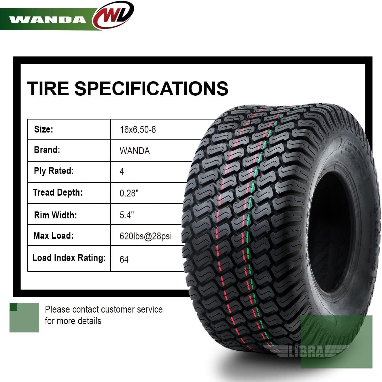WANDA Set 2 16x6.50-8 Lawn Mower Tractor Cart Turf Tires 16x6.5x8 P332-13019