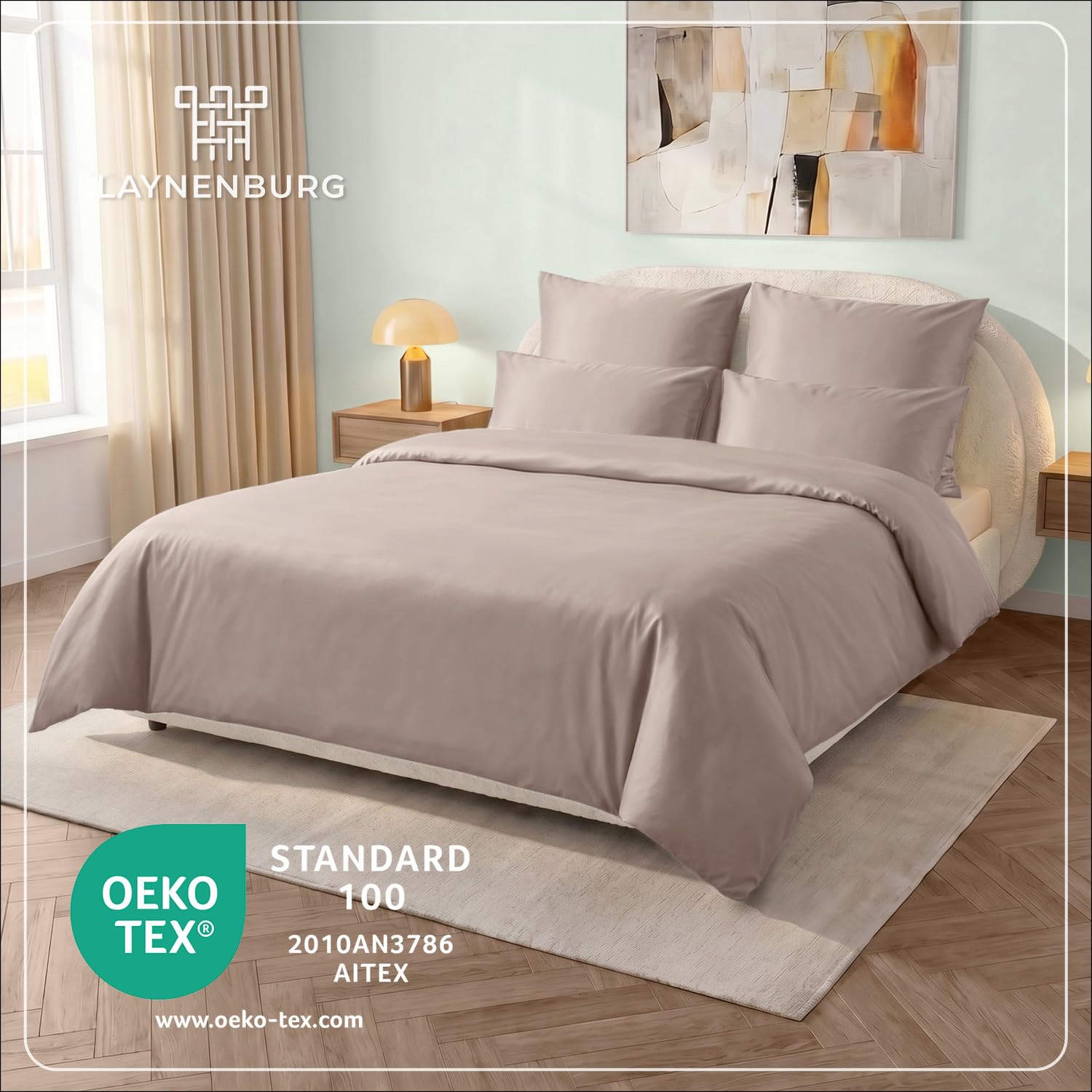 LAYNENBURG Premium Mako Satin Bettwäsche in 135x200 + Kissenbezug 40x80 cm - 100% Baumwolle – Oeko-TEX 100 - kühlende, temperaturausgleichende Sommer-Bettwäsche mit Reißverschluss(Taupe)