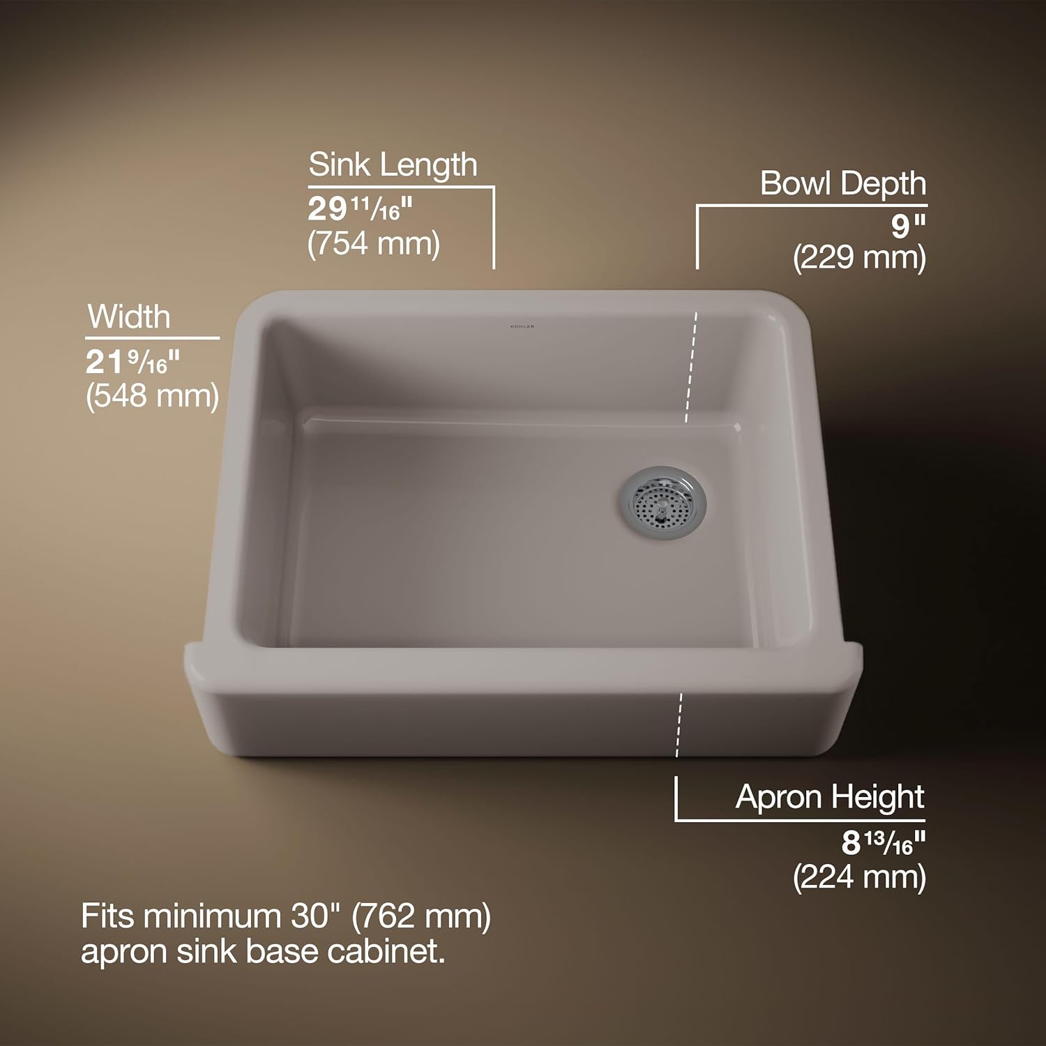 KOHLER Whitehaven® 29-3/4" Self-Trimming Farmhouse Kitchen Sink, Single-Bowl Undermount Kitchen Sinks with Tall Apron, 30 Inch, K-6487-TRF, Truffle