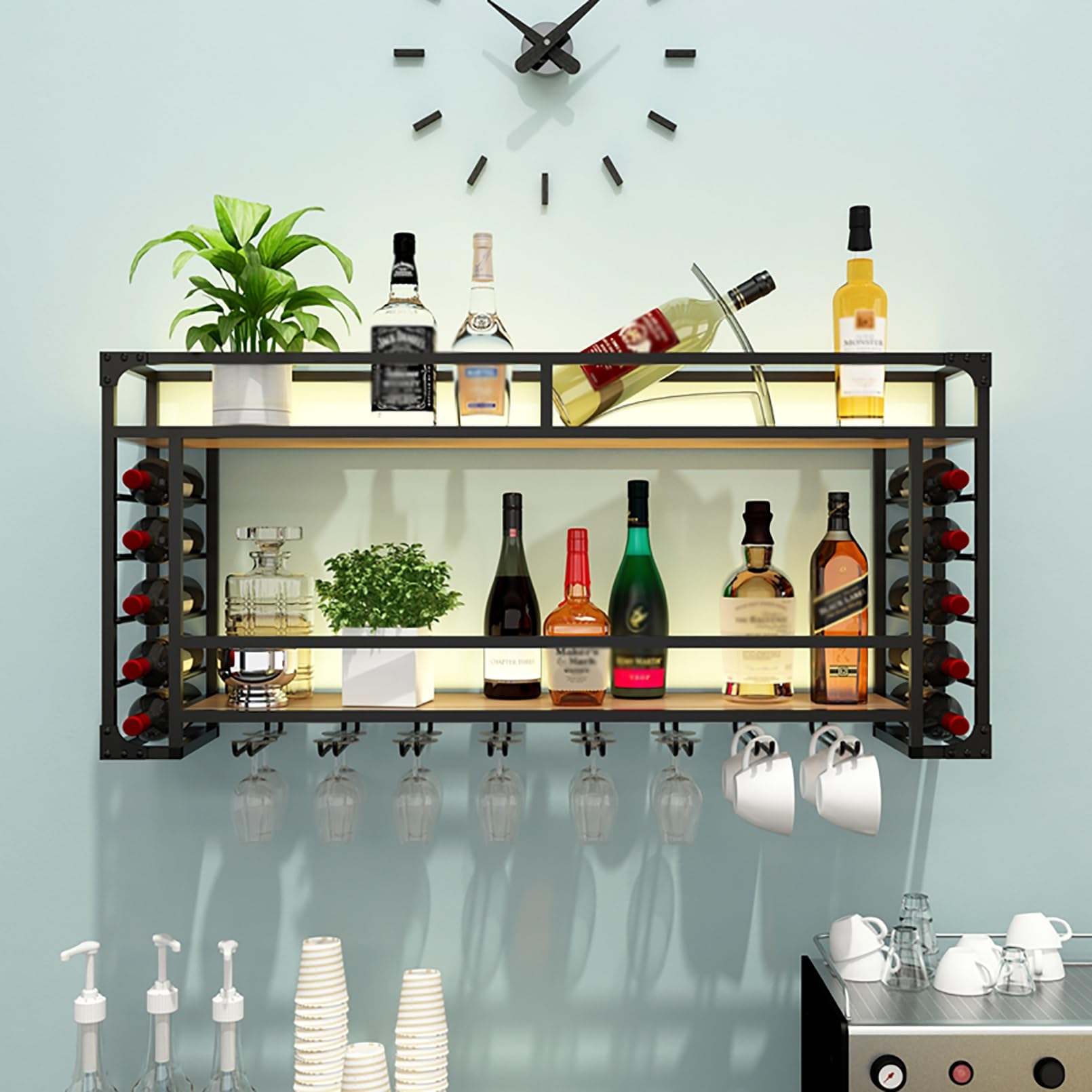 Casier à vin mural moderne étagère à bouteilles métal avec support verre