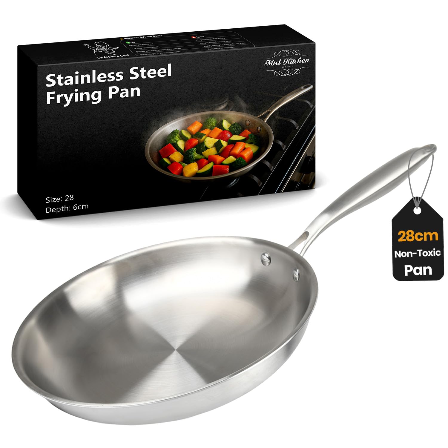 MISL HOME - Stainless Steel Frying Pan – Triple-Layer 28 cm - Frying Pans - Pan for Induction, Gas, Oven Safe – Heavy Duty Steel Frying Pan - Firm Handle – Ideal for Stir-Fries, Fish & Meats.
