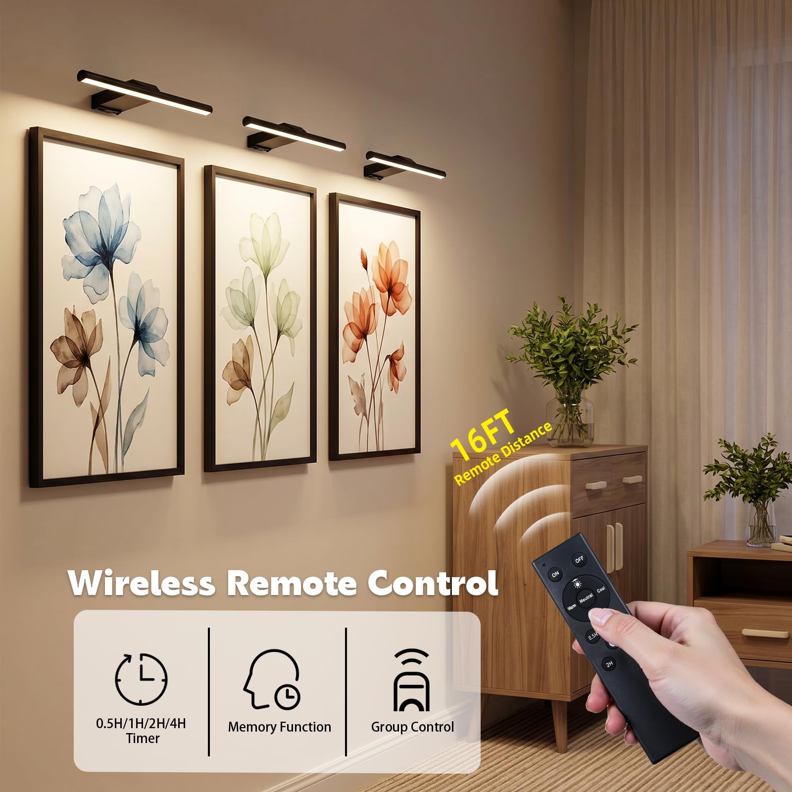 Bildbeleuchtung Kabellos, 10000mAh Akku Bilderleuchte 30cm Schwarz | LED Wandleuchte Innen mit Fernbedienung, Dimmbar 3 Farbtemperaturen, 4 Timer, CRI 95+, 300LM super hell Bilderlampe