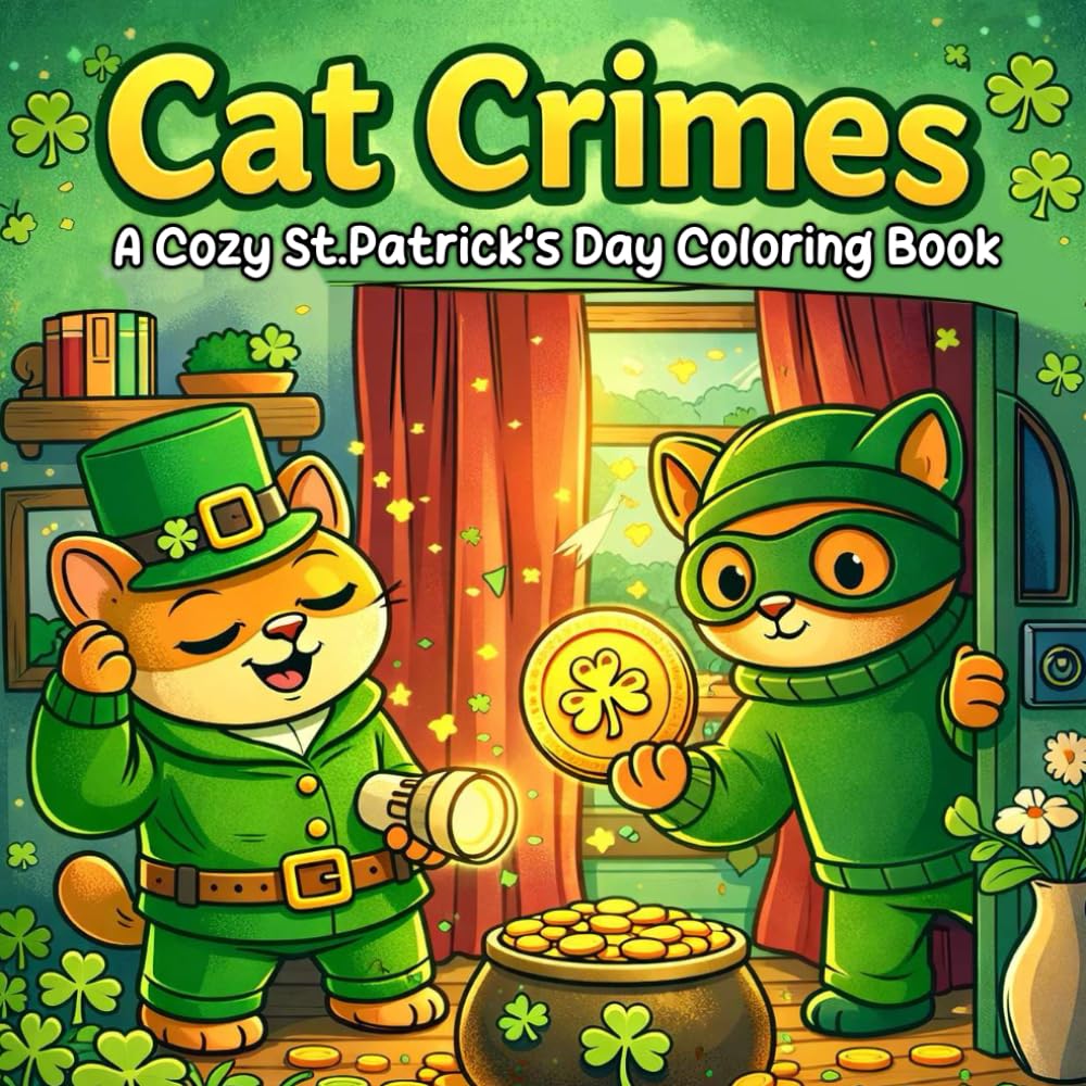 Cat Crimes: A Cozy St. Patrick’s Day Coloring Book for Adults and Teens: Cute and Funny Cat Lovers Coloring Pages with Lucky Clovers, Silly Crimes for Scenes.