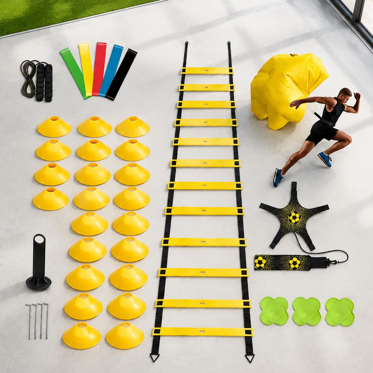 Kit Completo Allenamento Coordinazione Ostacoli Altezza Regolabile Paracadute Resistenza Cintura Lombare Cinesini Piatti Segnaposto Tondi