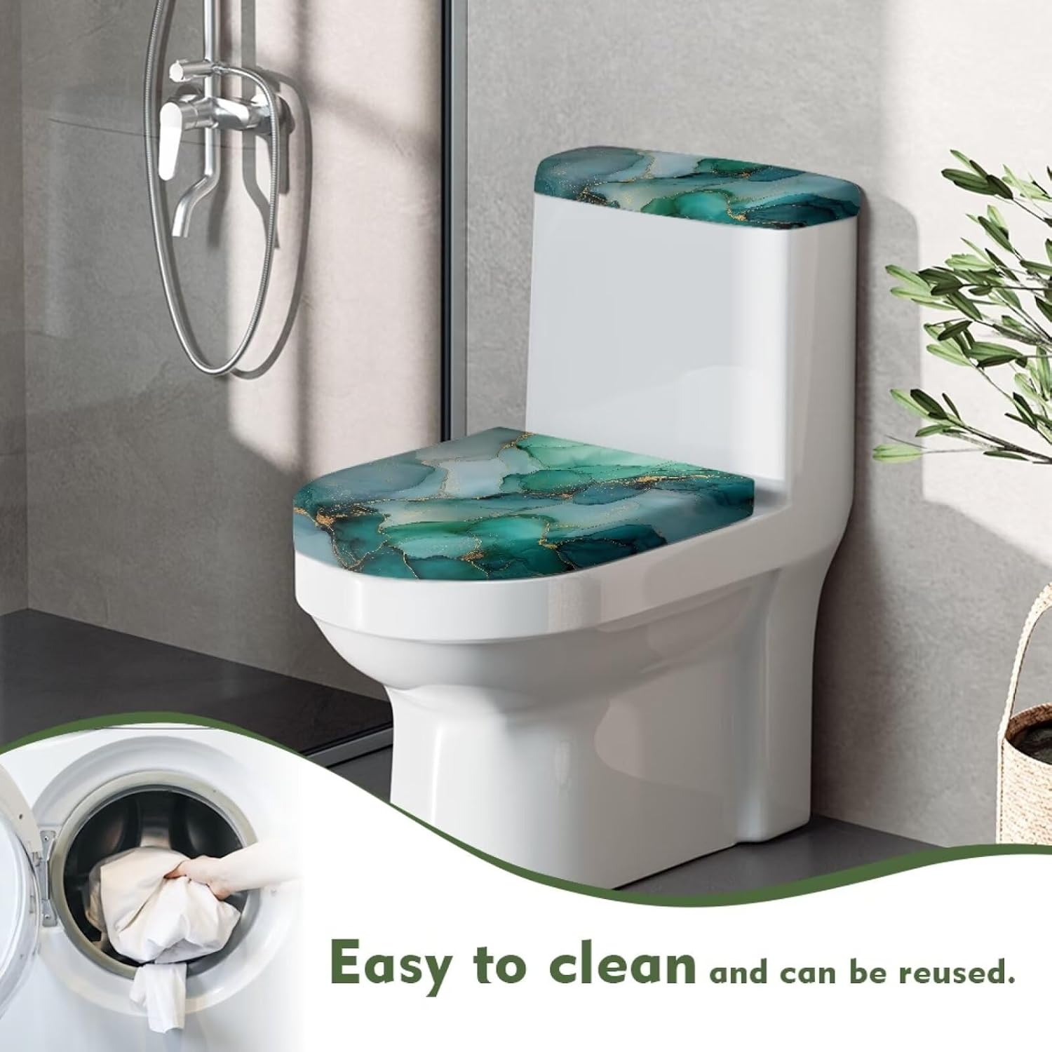 Universal Toilet Lid Cover and Toilet Tank Cover, Machine Washable Easy Installation Easy to Clean Toilet Cover 2 Piece Set, Green Gold Marble Print