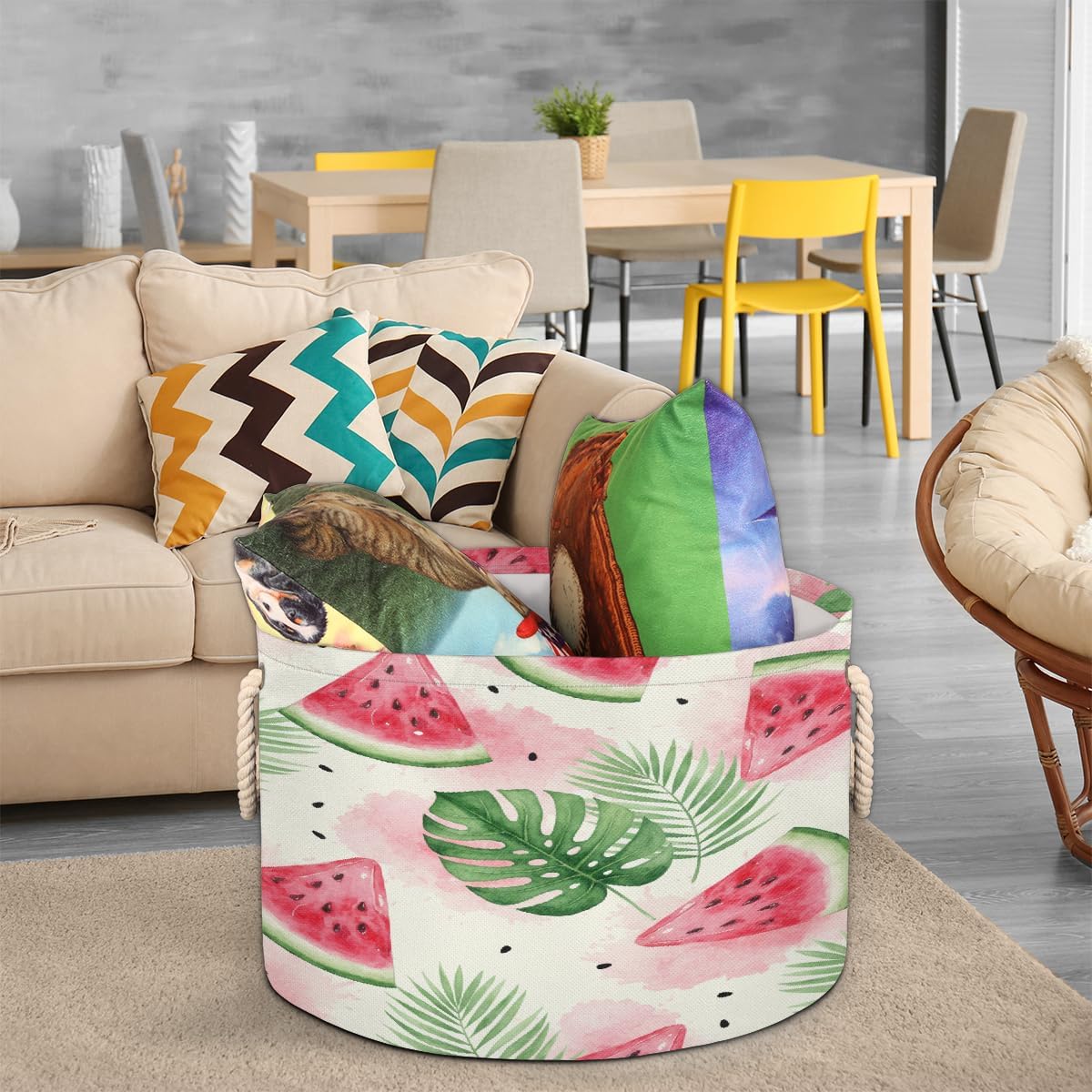 Large Storage Baskets - Watermelon Tropical Leaves Nursery Round Collapsible Organizer Bin Box, Laundry Hamper for Kids Toys, Blanket, Bedroom Living Room Home Decor, Gift Basket, 19.4"x13.3"