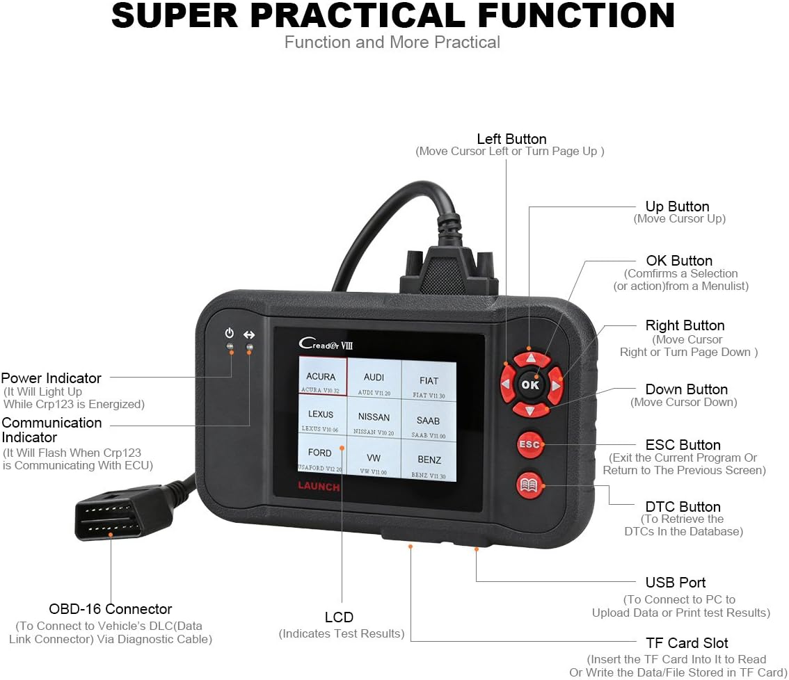 LAUNCH X431 OBD2 Scanner VIII Vehicle Code Reader Auto Scan Tool for ENG/at/ABS/SRS/EPB/SAS/Oil Service Light Resets