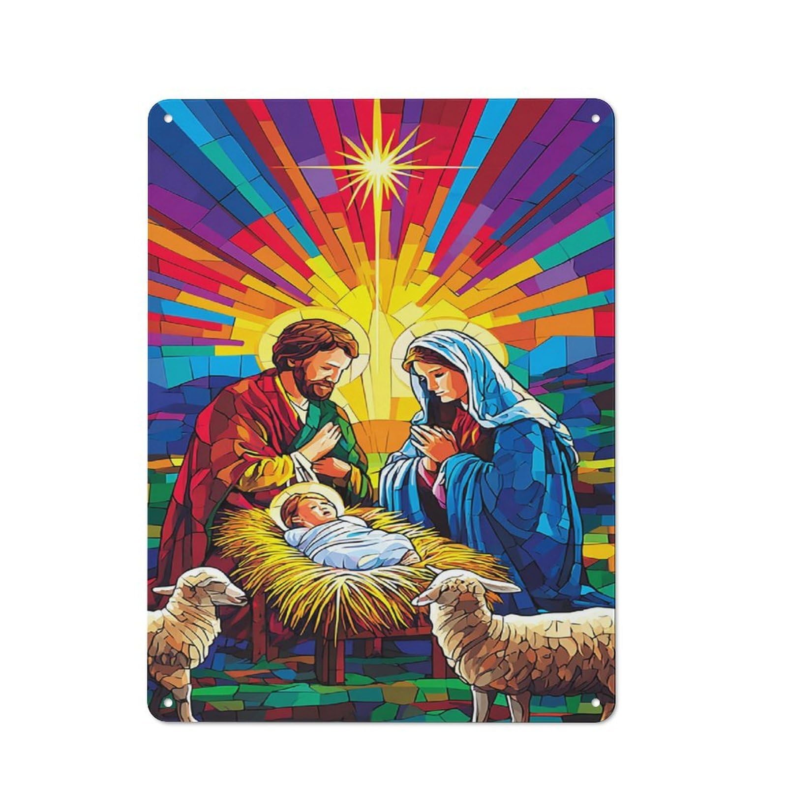 Junmoney Christmas Nativity Scene Artwork -1 Industrial Metal Wall Sign 40X30cm Featuring Urban Room Decor For Loft, Studio, Office Or Creative Room