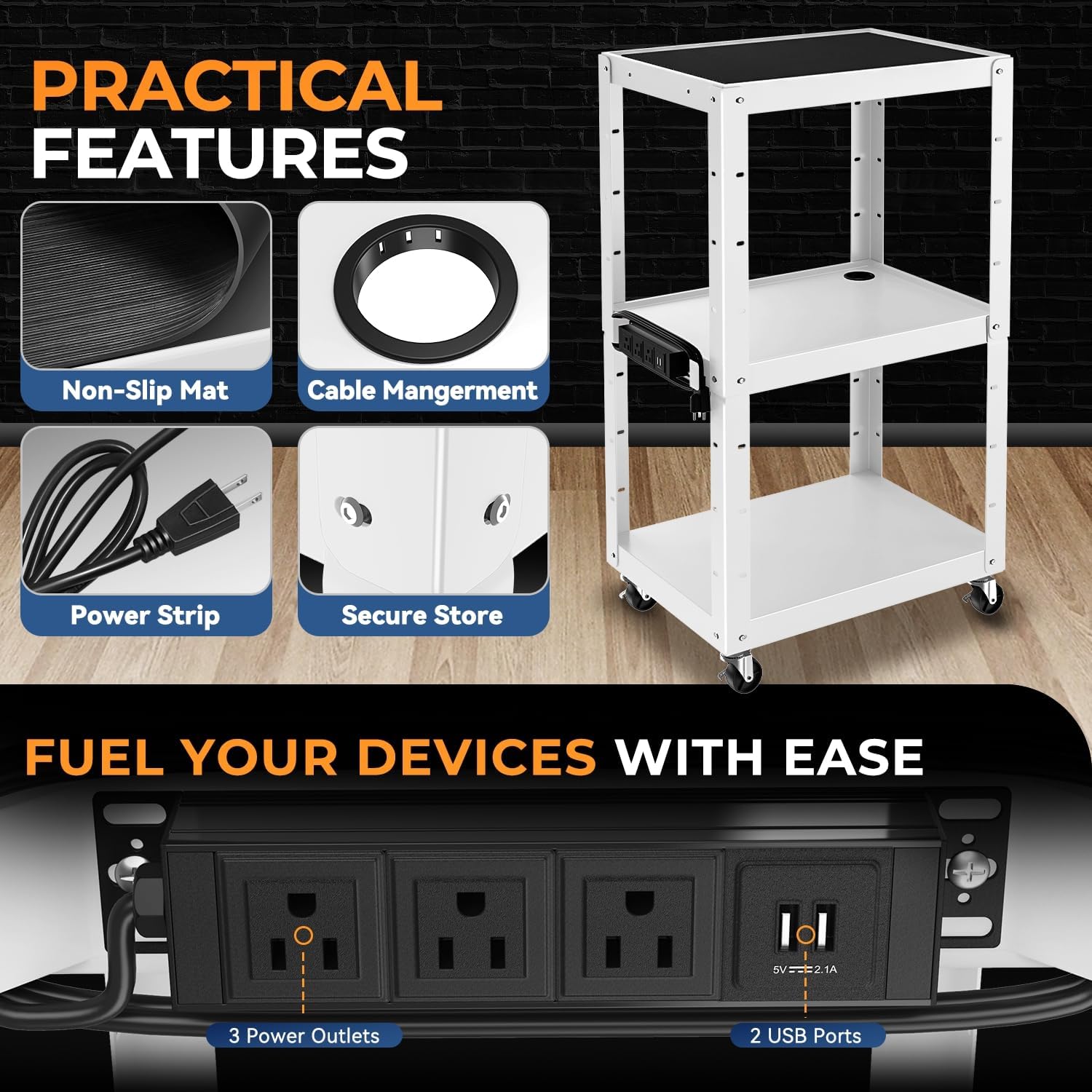 Auto Dynasty Height Adjustable AV Presentation Cart with Power Strip, Rolling Storage AV Carts for Video Projector, TV, Printers, Laptop Computers, 4 Wheels, 4' Cord, 3 Outlets, 2 USB Ports (White)