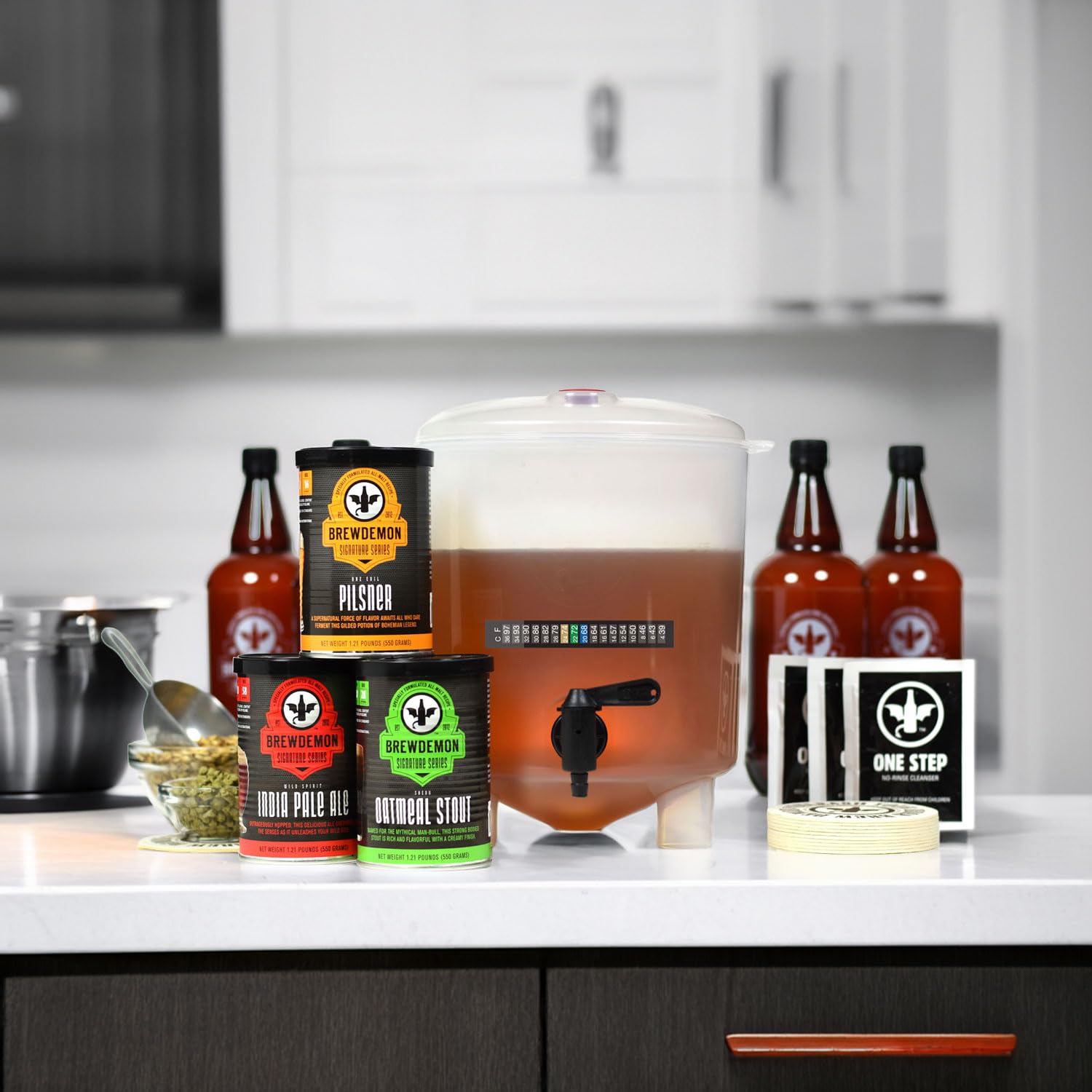BrewDemon Premium Beer Kit Bonus with Bottles - Conical Fermenter Eliminates Sediment and Makes Great Tasting Home Made Beer - 1 Gal. Pilsner, Stout, and IPA Recipes