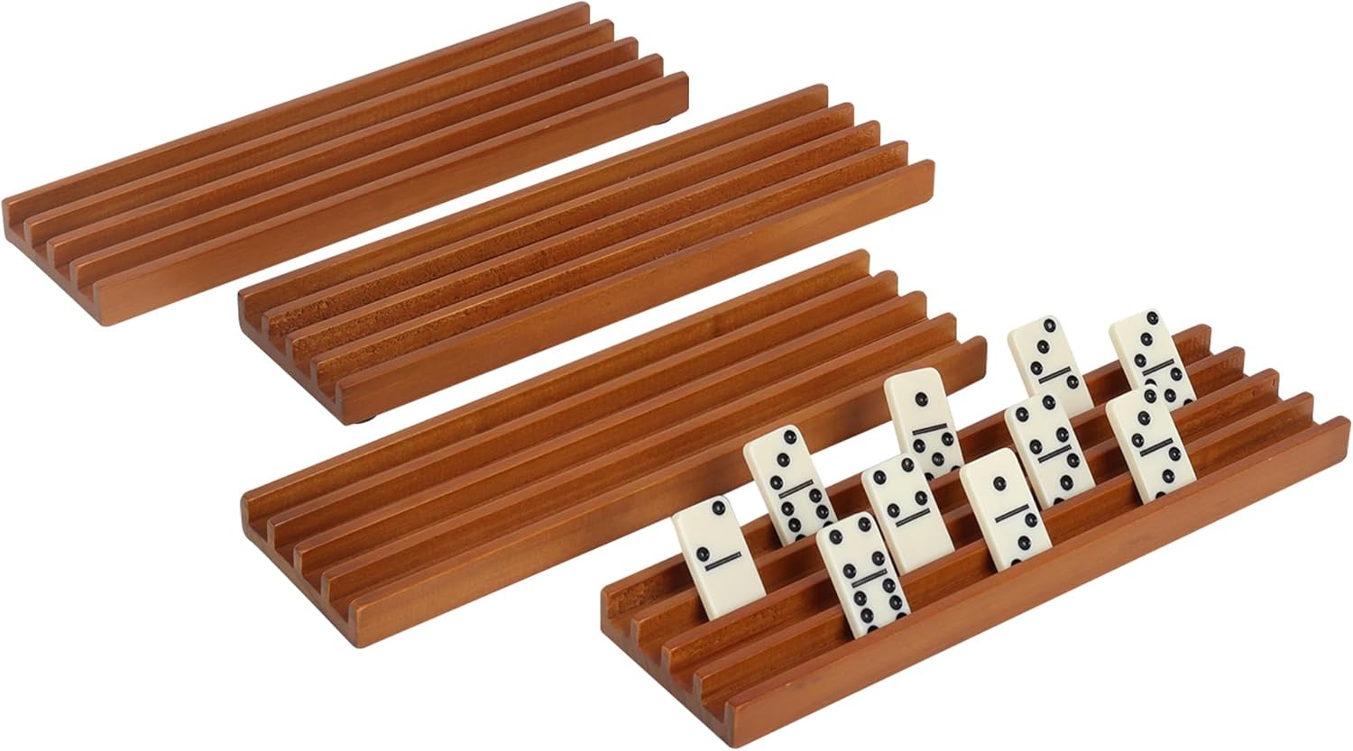 GSE Games & Sports Expert Domino Set of 4 Wooden Domino Trays Holders Organizer - Premium Tiles Holder Racks for Mexican Train, Chicken Foot and Other Games