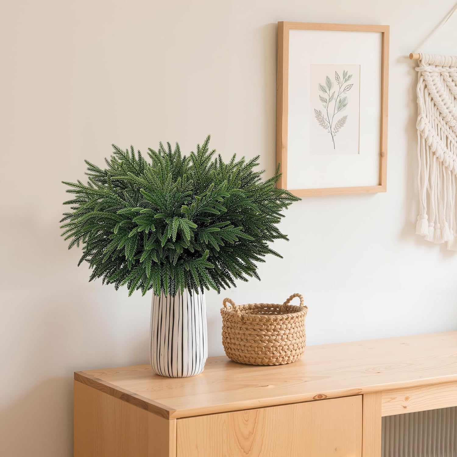 16 Pcs Real Touch Norfolk Pine Branch, 24 Inch Artificial Green Plants Branches, Faux Greenery Pine Stem Fake Cedar Picks for Vase, Christmas Pine Branches for Home Indoor Decor