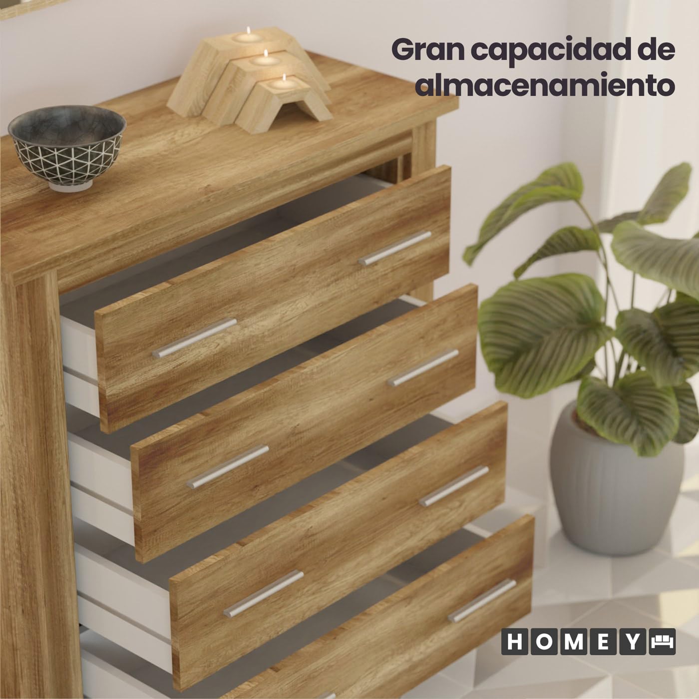 Homey - Cómoda con 4 Cajones, Sinfonier, Modelo Diana, Práctica y Funcional, Acabado en Color Cañón, Medidas: 92 cm (Ancho) x 91 cm (Alto) x 40 cm (Fondo)