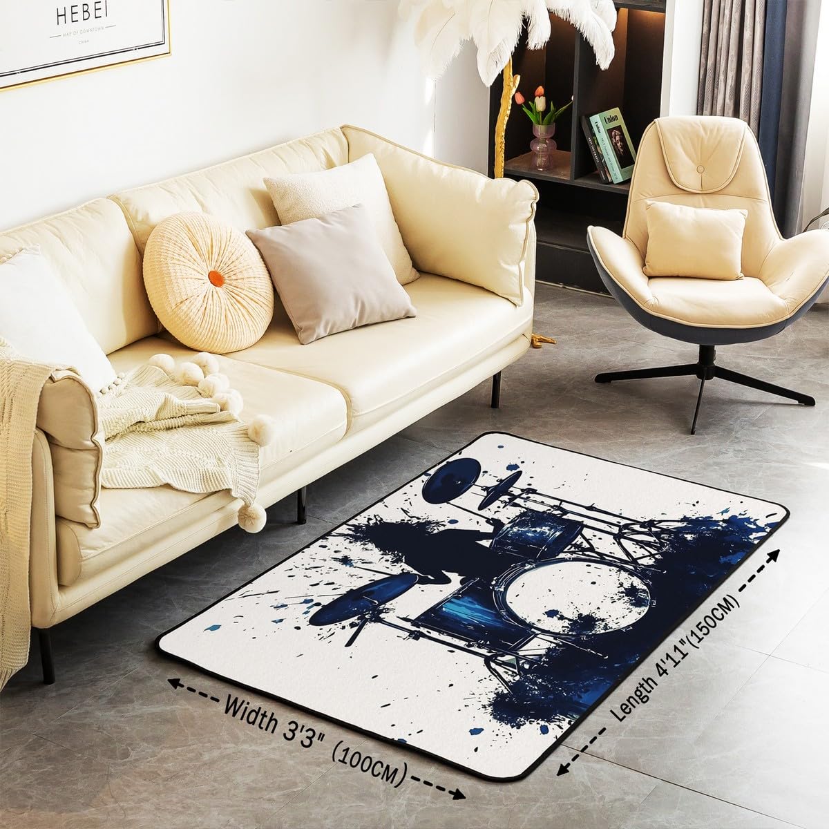 Homewish Tapis Salon 100x150cm Instrument de Musique Pop,Tapis Chambre Kit de Tambour Rock,Tapis Sol Style Glitter Bleu,Décoration D'Intérieur Enfants Garçons Filles Amateurs de Musique Roll