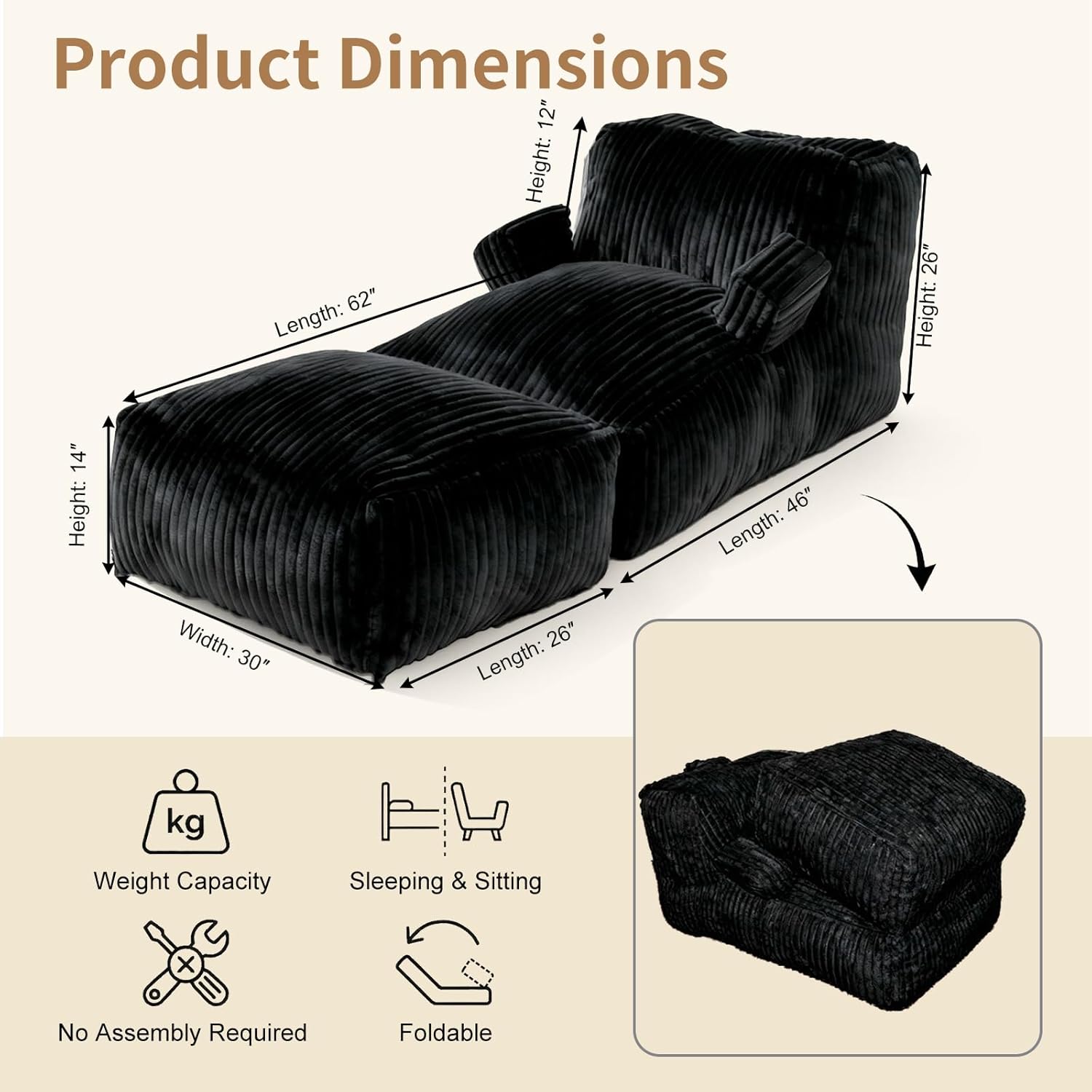 bean bag chair - large bean bag loungers chairs for adults, teens, and children.bean bag sofa with memory foam filled and armrests for living rooms, bedroom, dorm, or balcony (stripe black) 6ft folding footrest stripe black