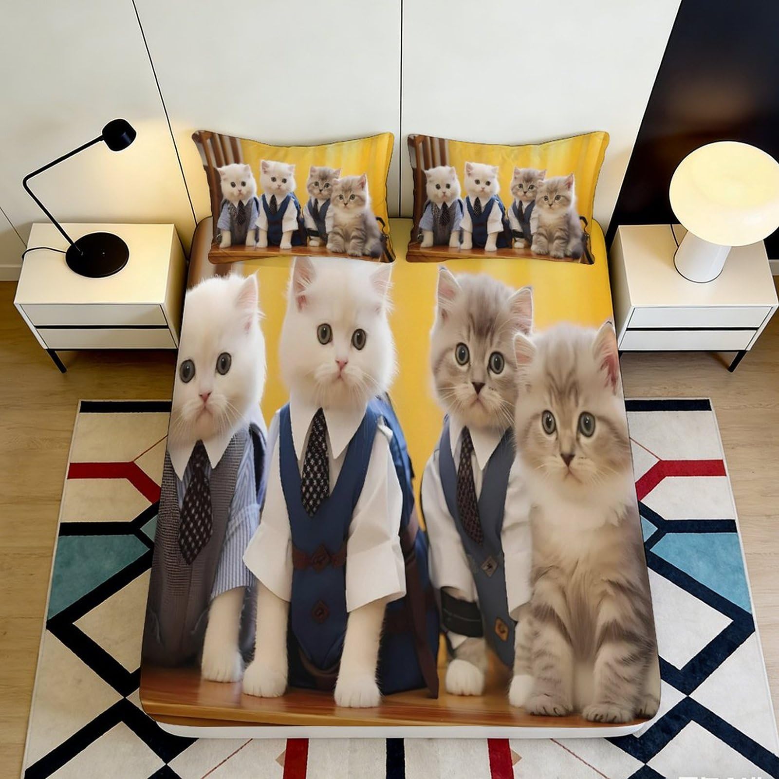 3D Printed Cute Cat Fitted Sheet Microfiber Non-slip Cartoon Kitten Mattress Cover for Bedroom Guest Room Decor, Easy Care 180x200x25cm