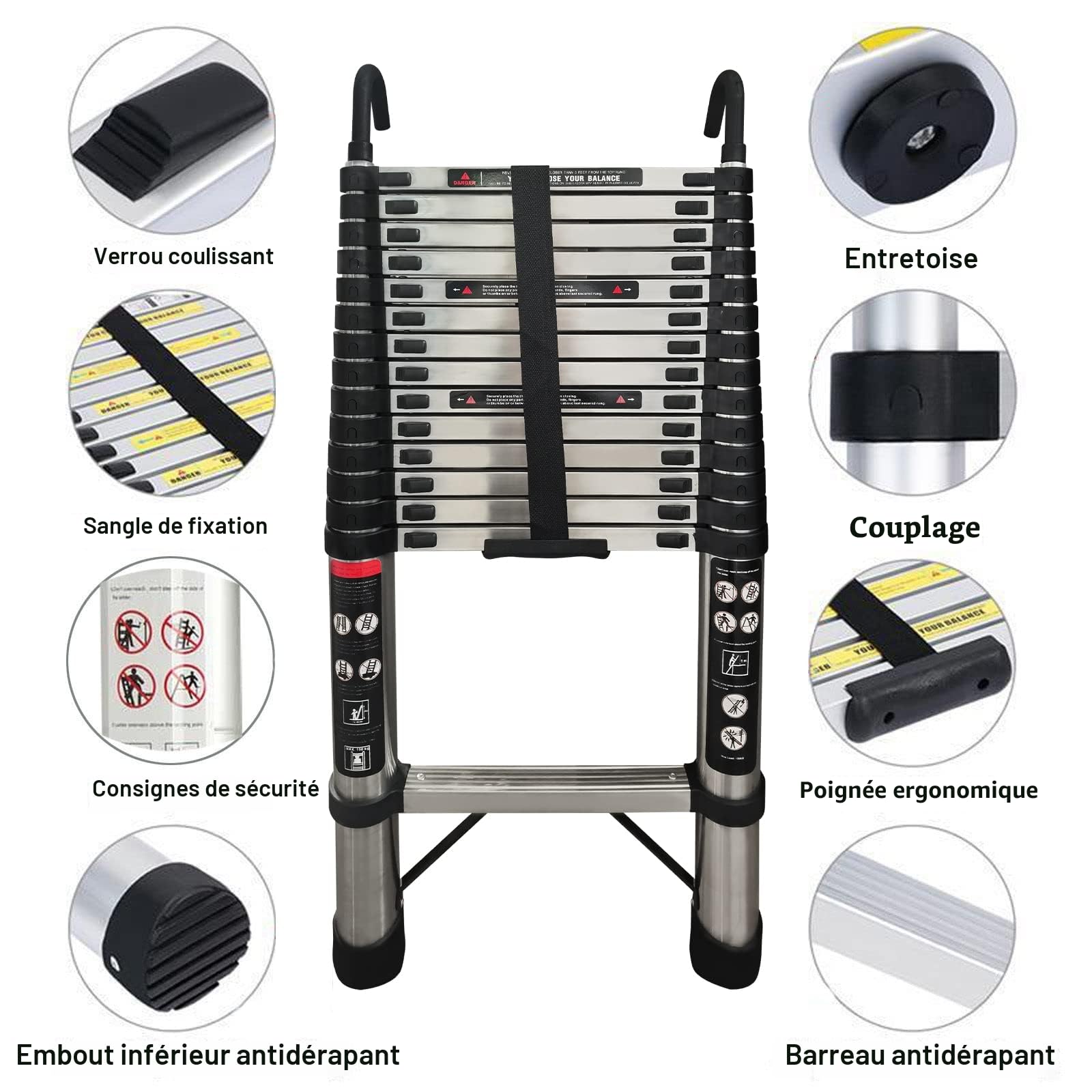 Échelle télescopique pliable multifonction - 5 m/16,4 pi, extensible, portable, antidérapante, charge max. 150 kg, EN131