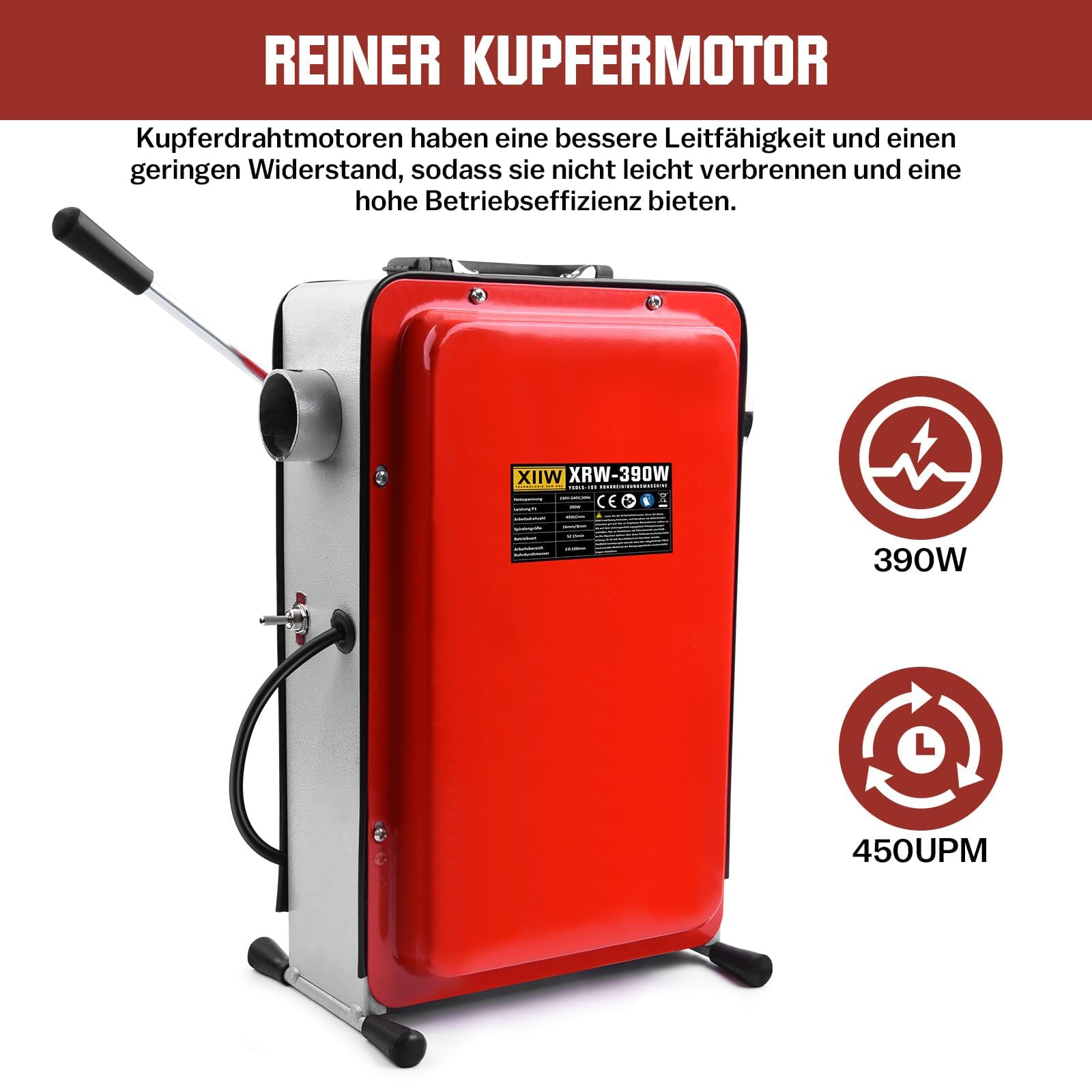 16mm 14,5M Spirale, 390W Elektrisch Rohrreinigungsmaschine für Ø20-100mm Rohrleitungen, Rohrreinigungsgerät 450U/min, Rohrreinigungsspirale Ø8mm 10M, Rohrreiniger Abflussreiniger Reinigung Drain Clean