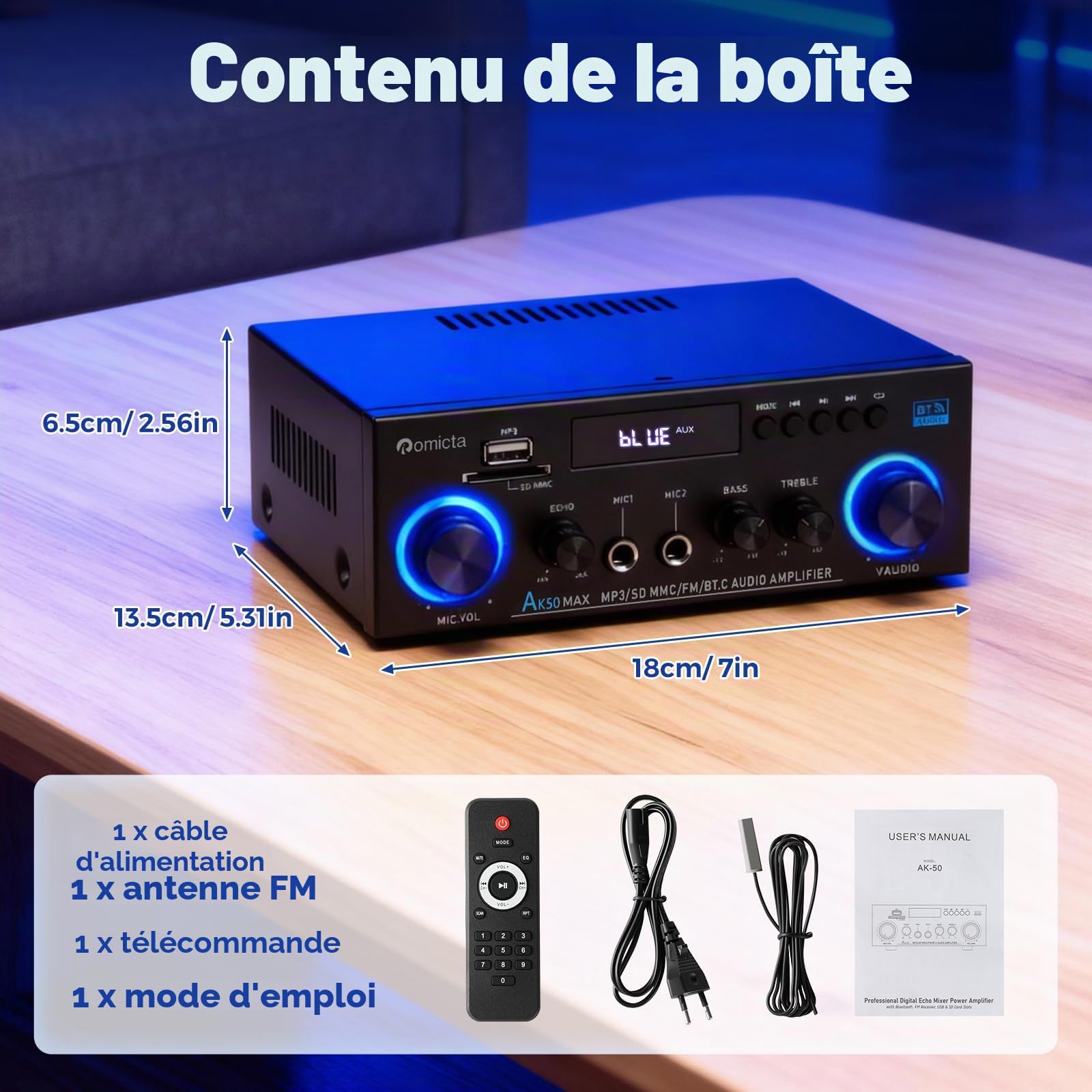 Romicta Amplificateur Audio Stéréo 800W, Bluetooth 5.0 | Radio FM, Lecteur USB/SD, Entrée AUX, 2 Micros avec Echo | Télécommande pour Home Cinéma et Maison