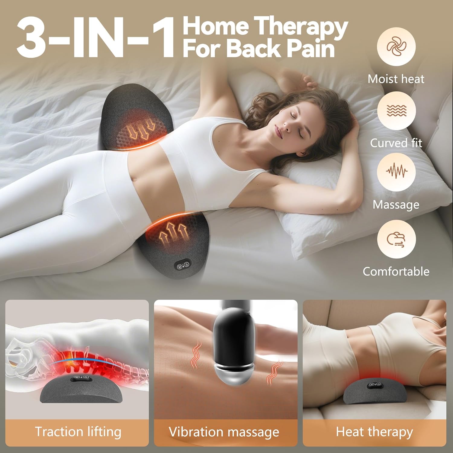 3 in 1 Electric Lumbar Support Pillow with 3-Meter USB Cable, Heated Vibration Back Massager and Ergonomic Bending for Lower Back Pain Relief