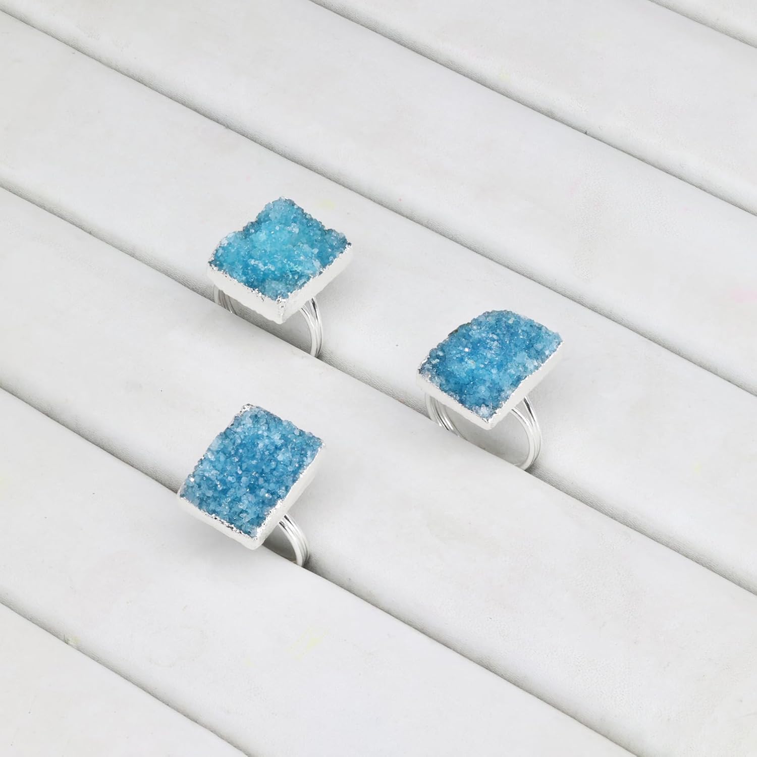 Natural Druzy Gemstone Ring, Rectangular Shaped Stone Rings for Women, Handcrafted, Adjustable (US Size 6-8) Jewelry Ring, Natural Quartz Ring for Anniversary, Birthday, Wedding