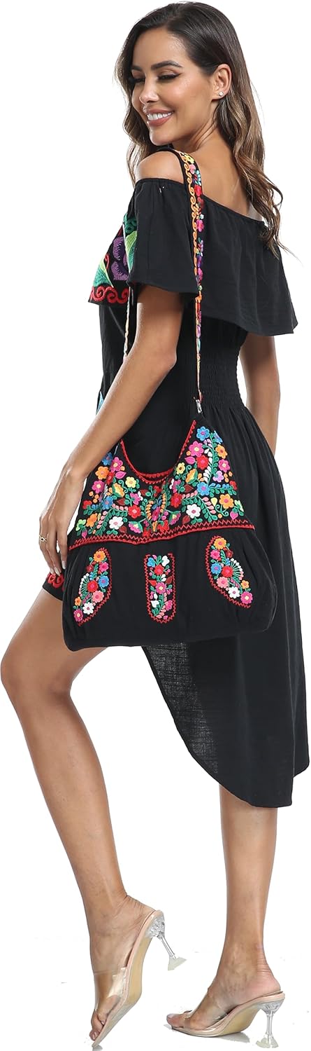 YZXDORWJ Women's Mexican Asymmetrical Dress Embroidered Floral Off-Shoulder Cocktail Latina Fiesta Dress - Image 8