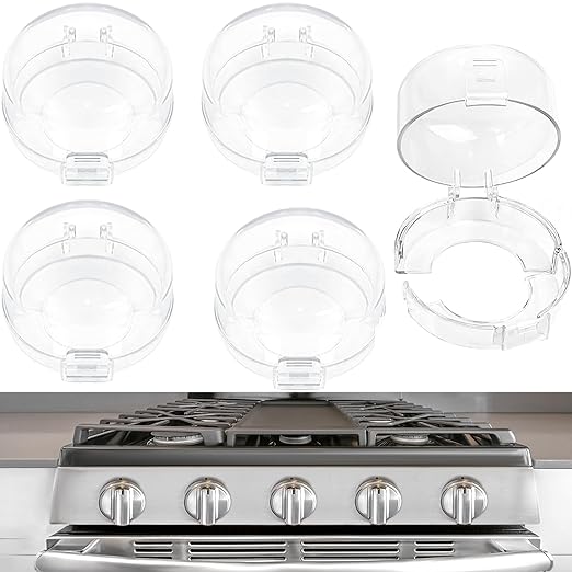 Stove Knob Covers for Child Safety, Gas Stove Knob Locks, Prevent Baby Pets from Turning on Stoves, Baby proofing, Heat-Resistant Adhesive, (Clear)-5 Pack