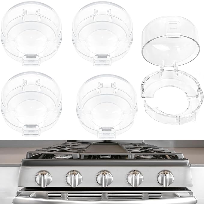 Stove Knob Covers for Child Safety, Gas Stove Knob Locks, Prevent Baby Pets from Turning on Stoves, Baby proofing, Heat-Resistant Adhesive, (Clear)-5 Pack