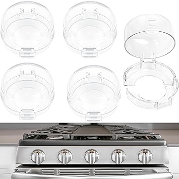 Stove Knob Safety Covers, Stove Knob Covers for Child Safety, Gas Stove Knob Locks, Prevent Baby Pets from Turning on Stoves, Baby proofing, Heat-Resistant Adhesive, (Clear)-5 Pack