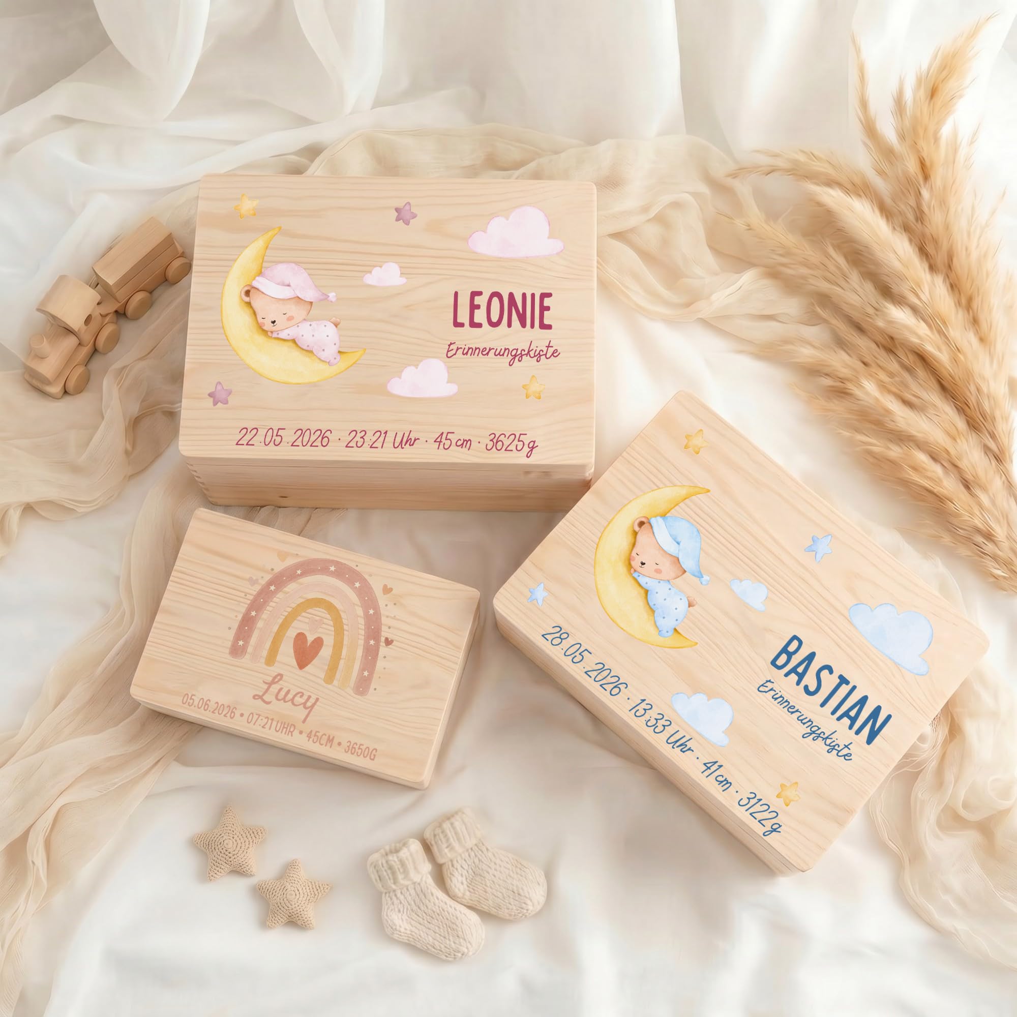 Generisch Erinnerungsbox Baby, personalisierte Holzkiste mit Klappdeckel, Aufbewahrung von Erinnerungen, Geschenk zur Geburt und Taufe, Geburtsgeschenk Jungen und Mädchen (Bär pink, 40x30x13 cm)
