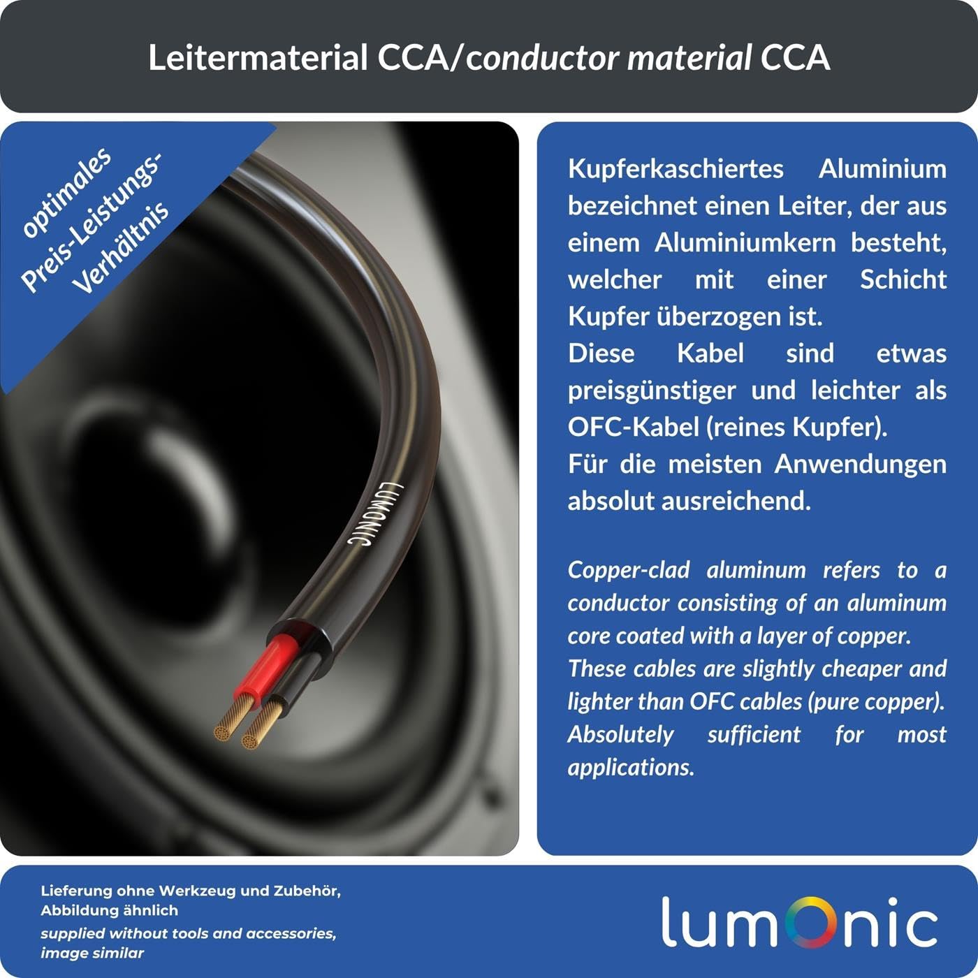 Lumonic Kabel glosnikowy 10m Czarny | 2x 0,75mm² CCA | Kabel glosnikowy HiFi | Okragly kabel audio | Profesjonalne PA Okragly kabel audio do instalacji