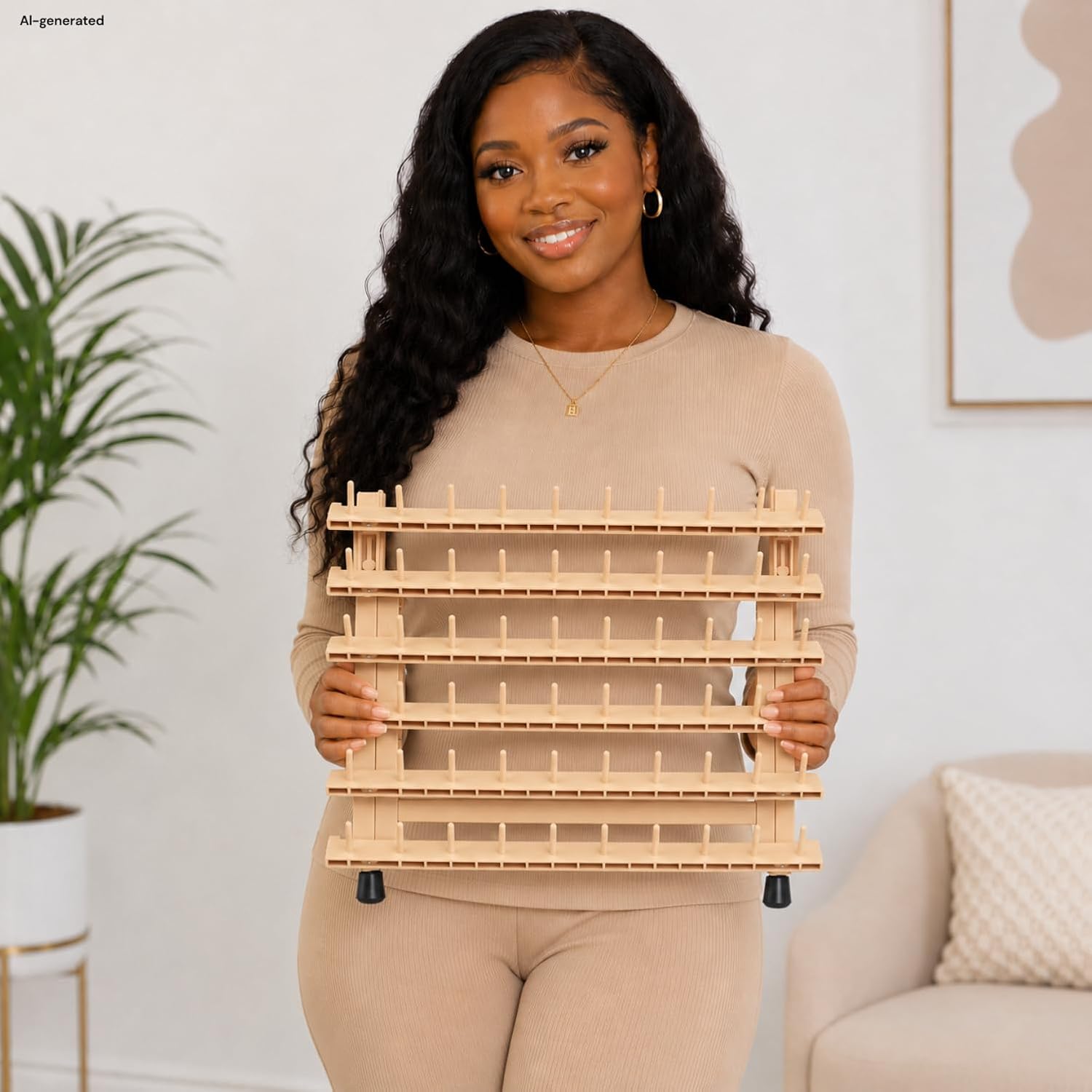 60-Peg Braiding Hair Rack, Foldable Hair Extension Holder, Natural Beige image 4